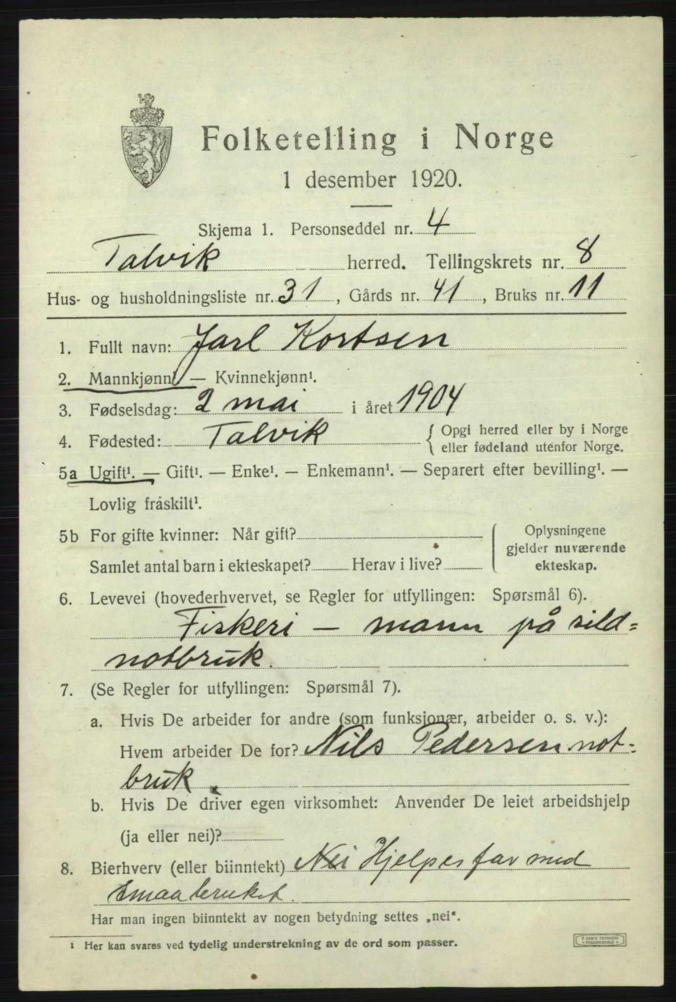 SATØ, 1920 census for Talvik, 1920, p. 5316