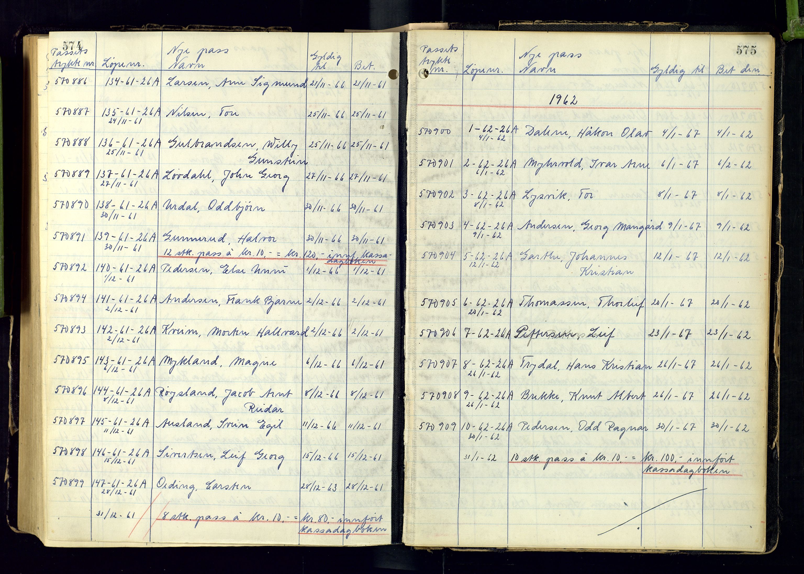Risør politistasjon, AV/SAK-1243-0006/K/Ka/L0001/0002: Passprotokoller / Passprotokoll, 1946-1963, p. 574-575