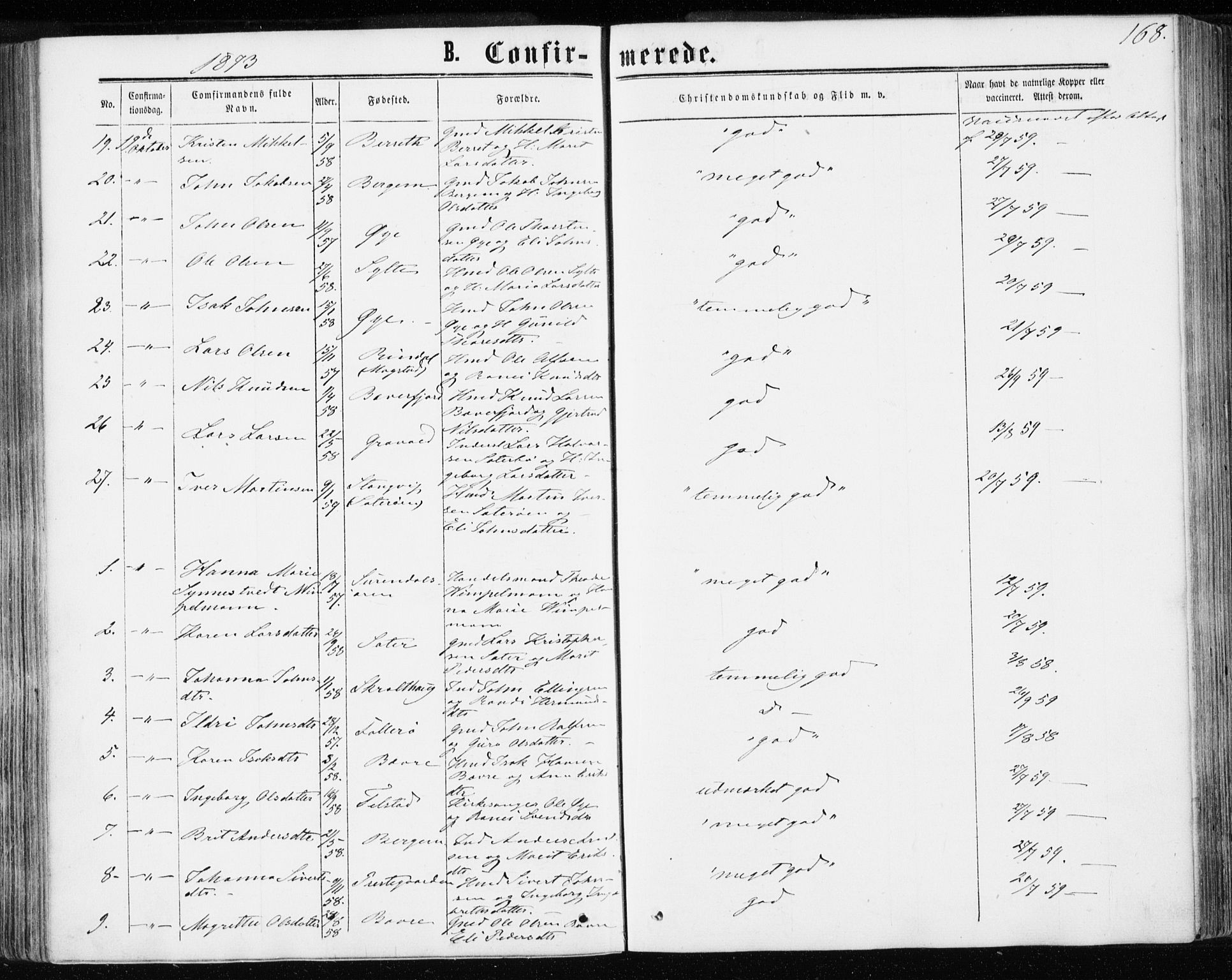 Ministerialprotokoller, klokkerbøker og fødselsregistre - Møre og Romsdal, SAT/A-1454/595/L1045: Parish register (official) no. 595A07, 1863-1873, p. 168