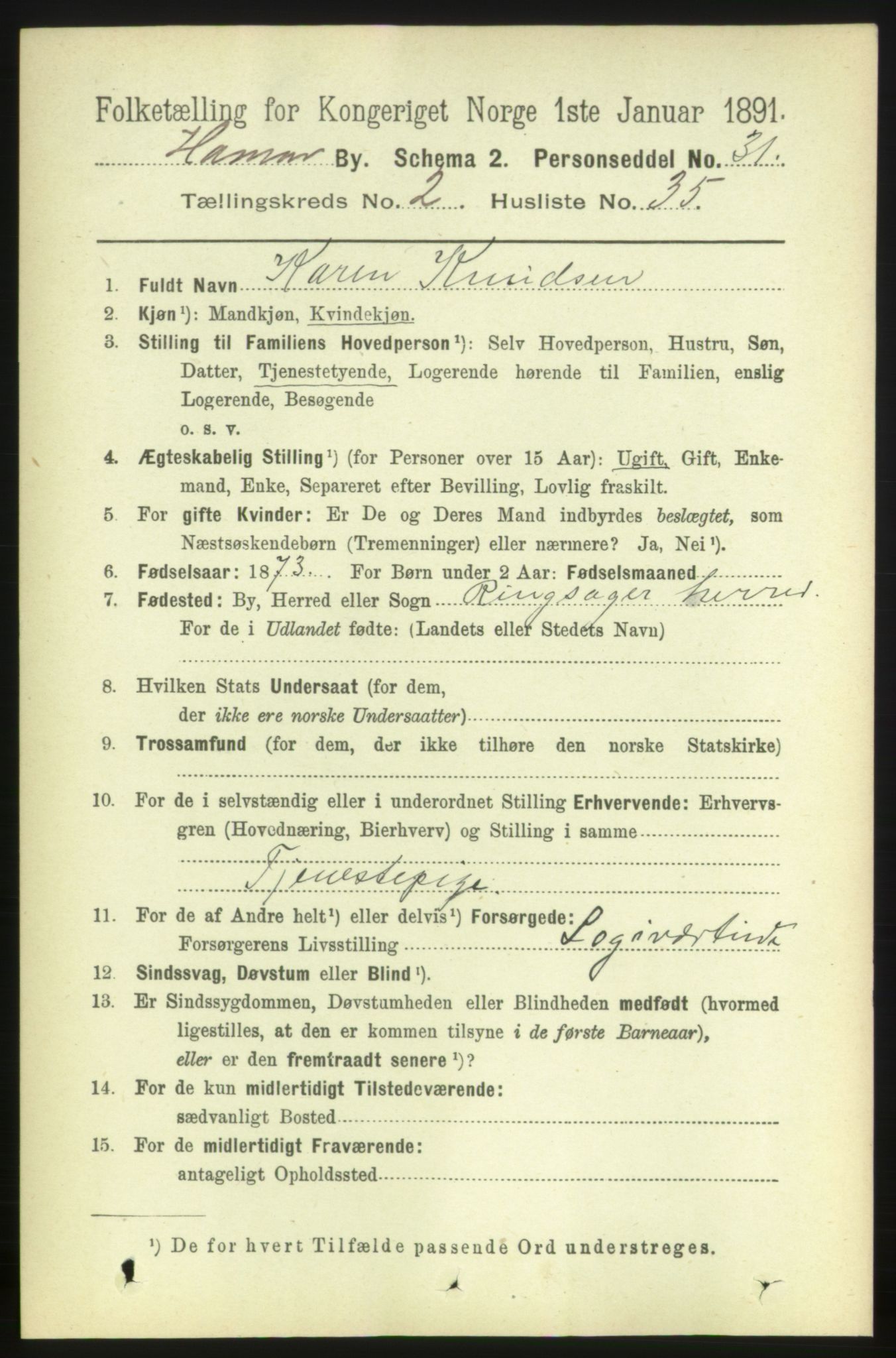 RA, 1891 census for 0401 Hamar, 1891, p. 1496