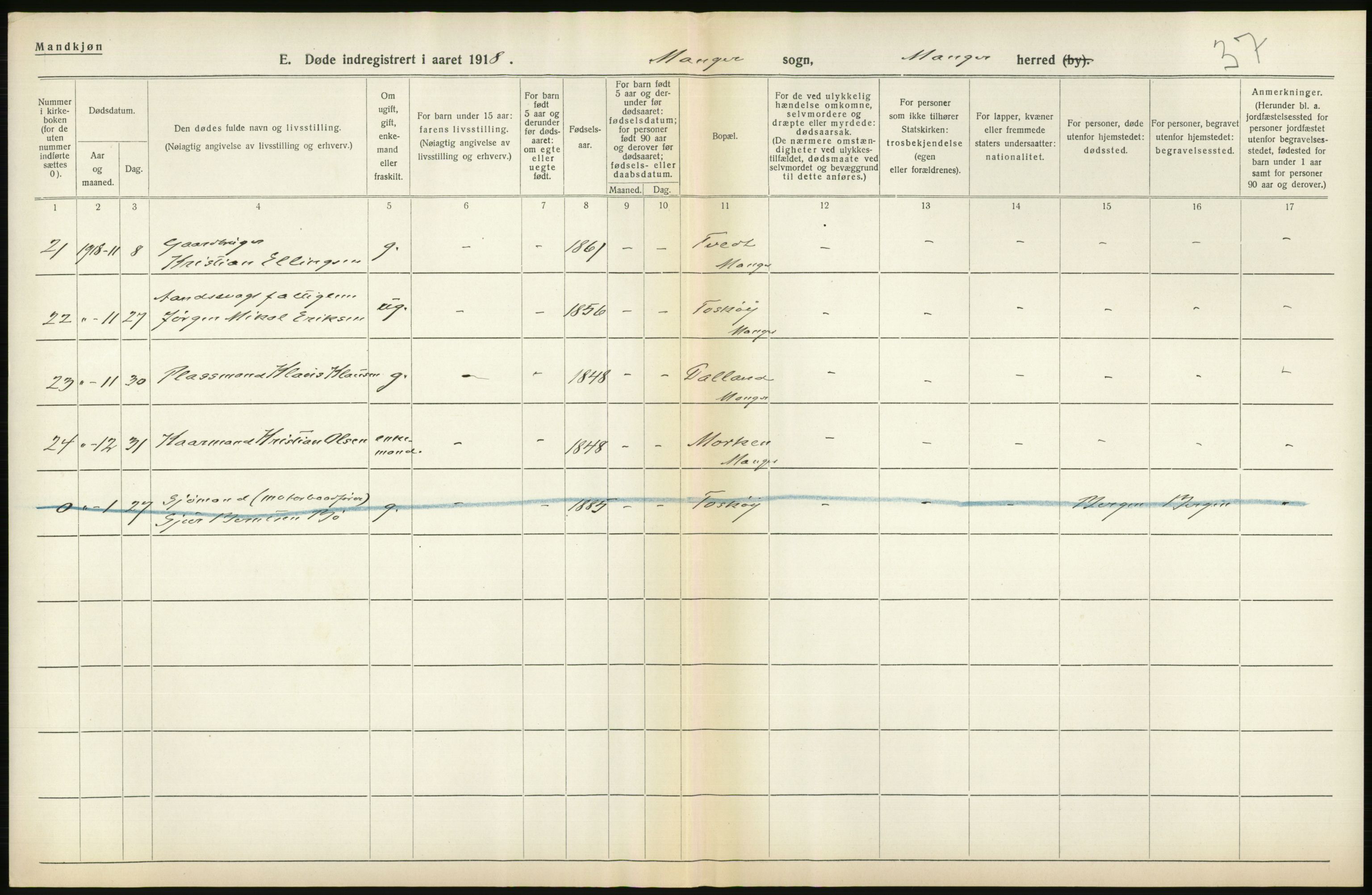 Statistisk sentralbyrå, Sosiodemografiske emner, Befolkning, AV/RA-S-2228/D/Df/Dfb/Dfbh/L0036: Hordaland fylke: Døde., 1918, p. 270