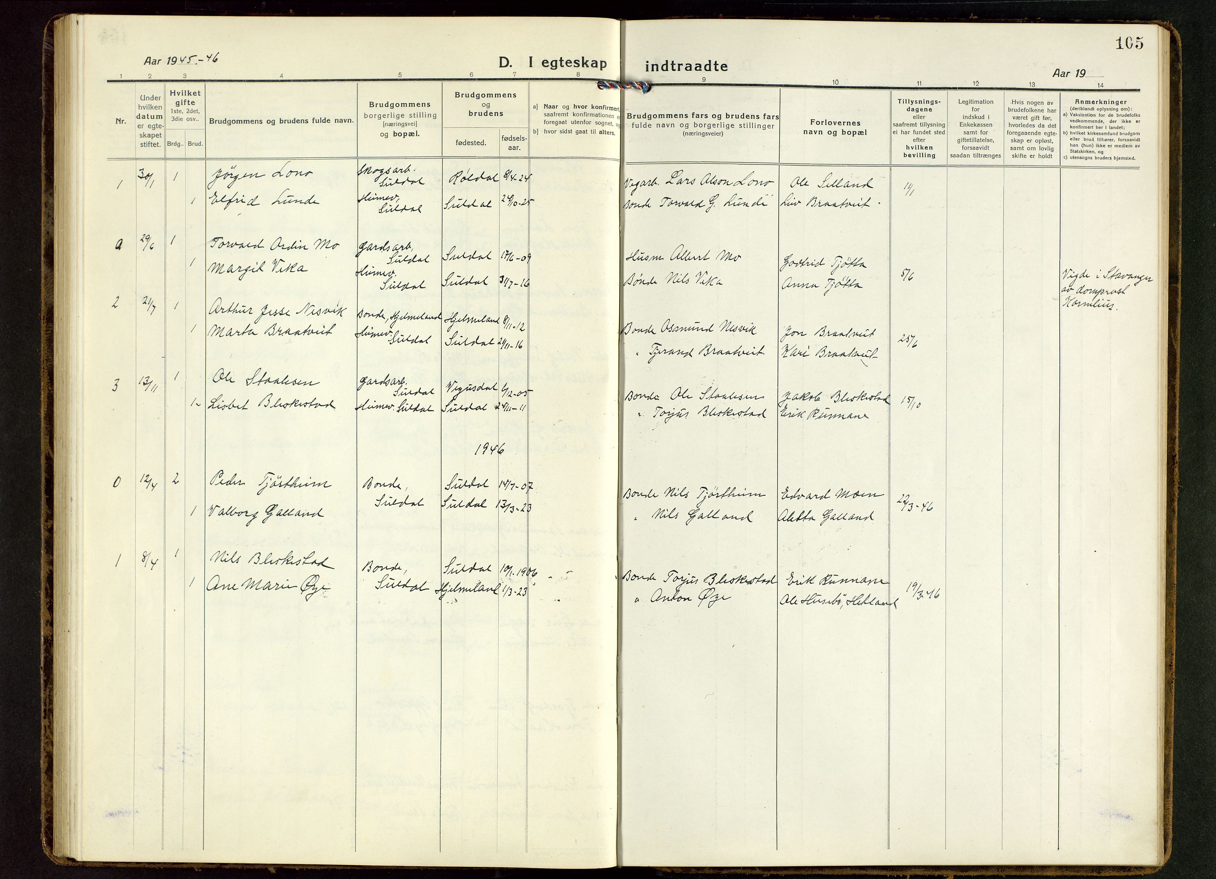 Suldal sokneprestkontor, AV/SAST-A-101845/01/V/L0007: Parish register (copy) no. B 7, 1917-1946, p. 105