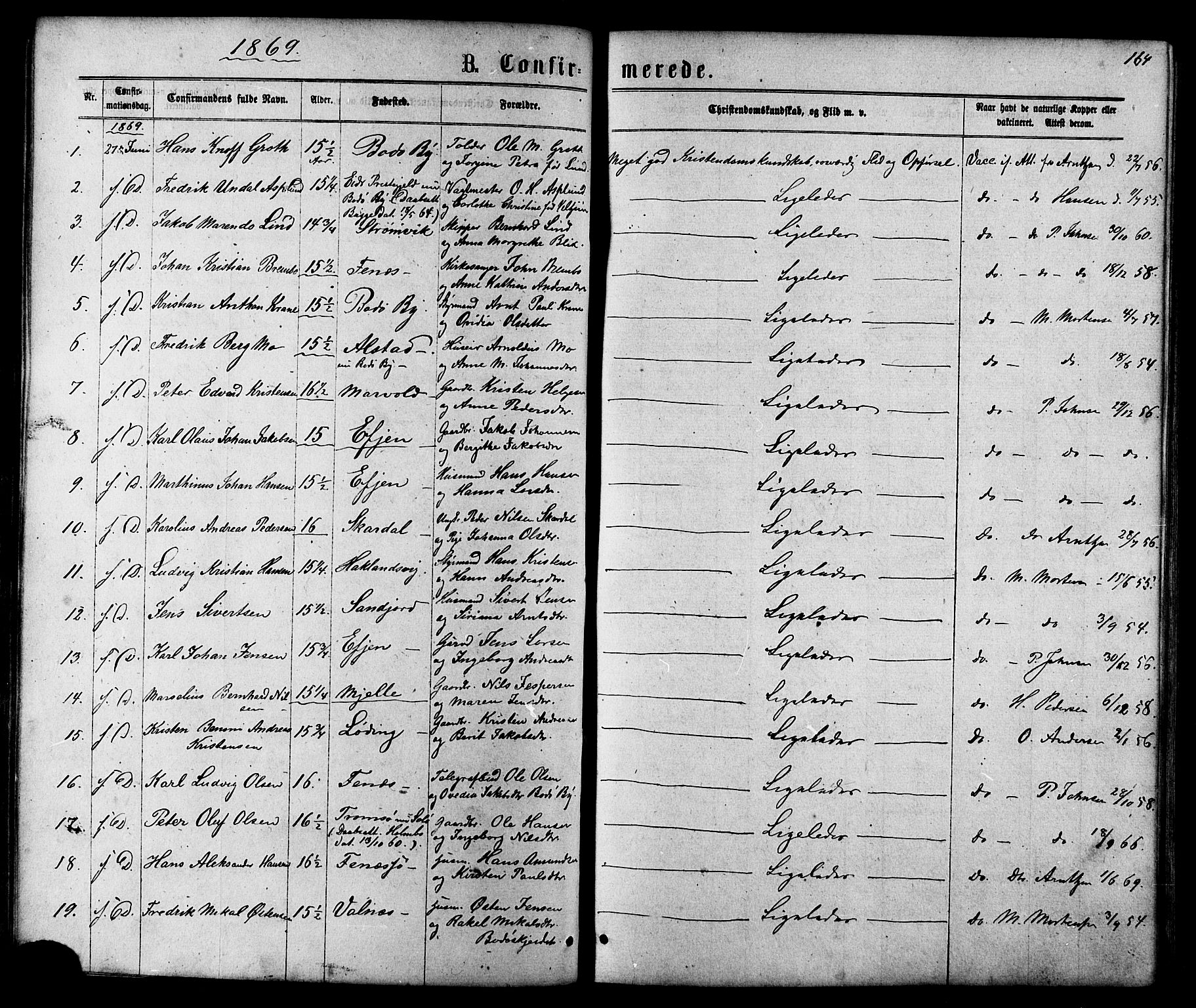 Ministerialprotokoller, klokkerbøker og fødselsregistre - Nordland, SAT/A-1459/801/L0029: Parish register (copy) no. 801C04, 1868-1878, p. 164