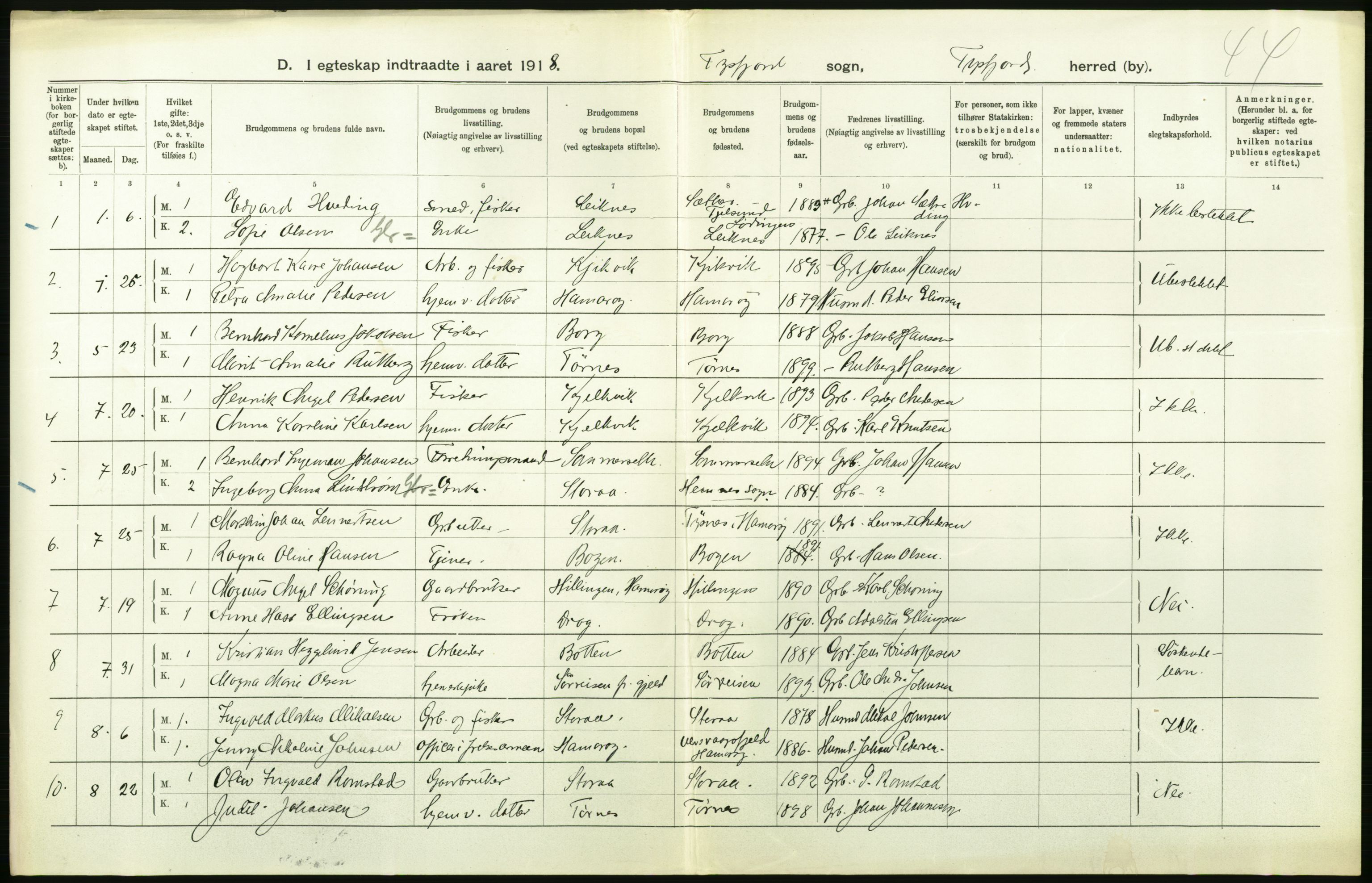 Statistisk sentralbyrå, Sosiodemografiske emner, Befolkning, AV/RA-S-2228/D/Df/Dfb/Dfbh/L0054: Nordland fylke: Gifte, dødfødte. Bygder og byer., 1918, p. 188