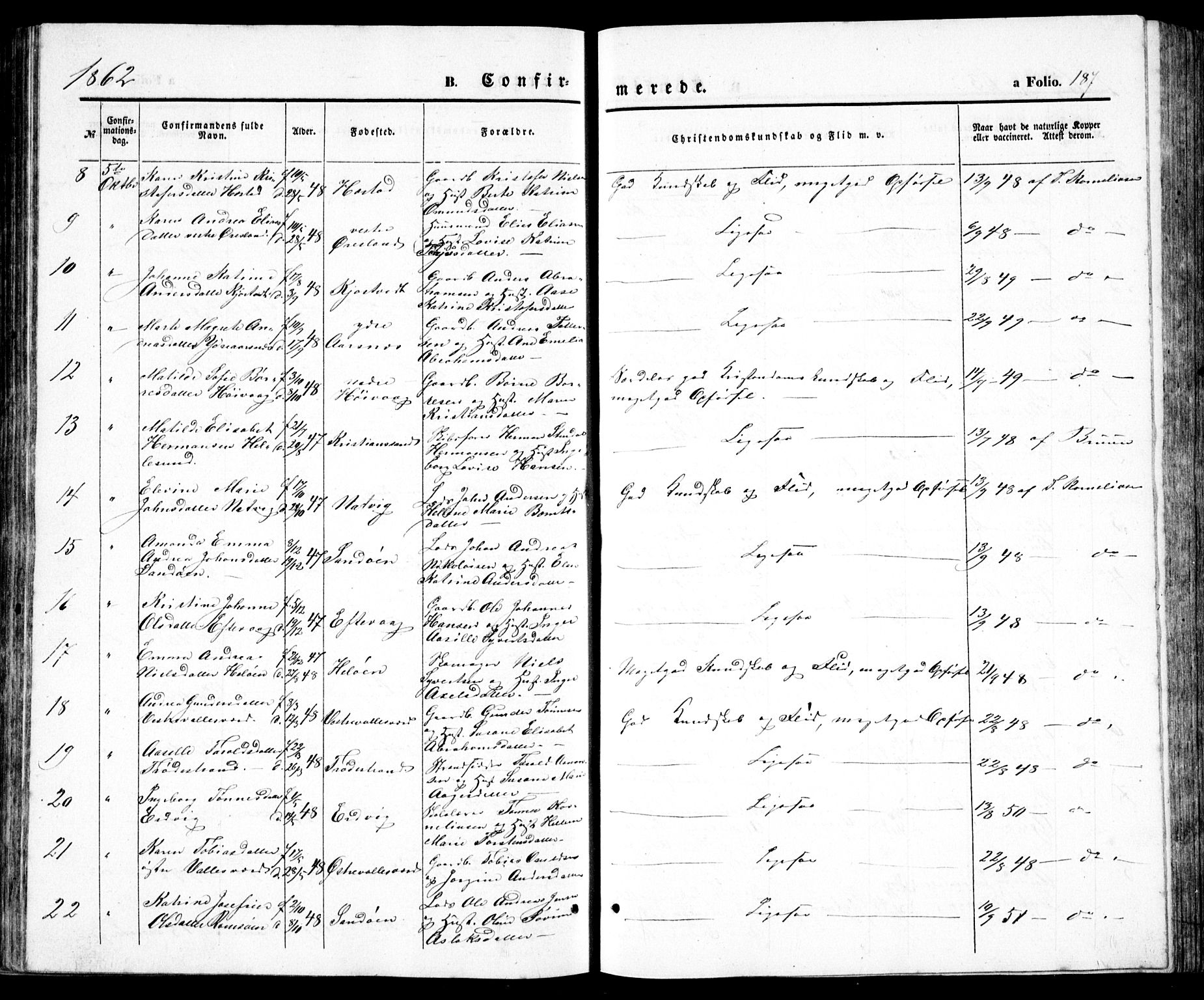 Høvåg sokneprestkontor, SAK/1111-0025/F/Fb/L0002: Parish register (copy) no. B 2, 1847-1869, p. 187