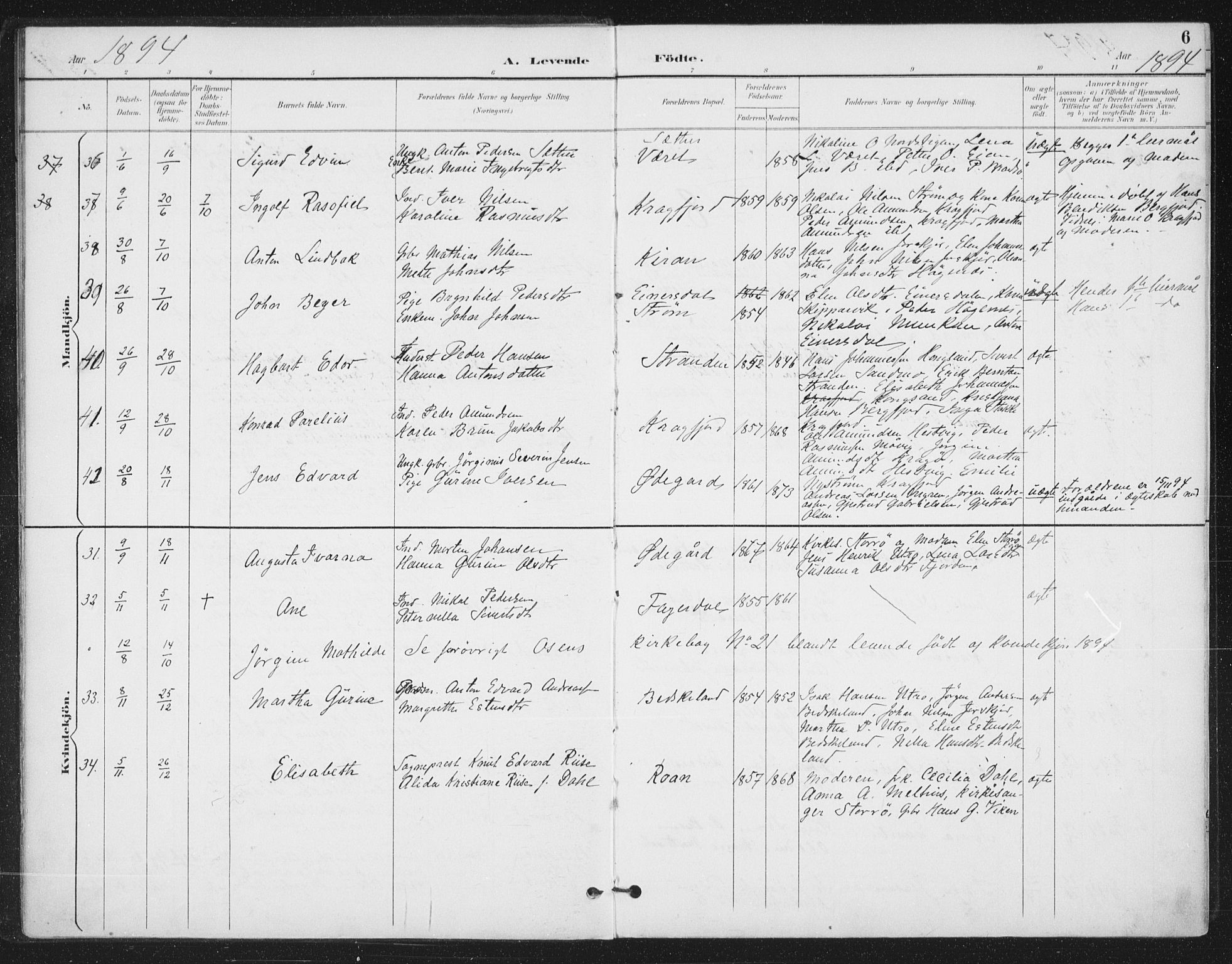 Ministerialprotokoller, klokkerbøker og fødselsregistre - Sør-Trøndelag, SAT/A-1456/657/L0708: Parish register (official) no. 657A09, 1894-1904, p. 6
