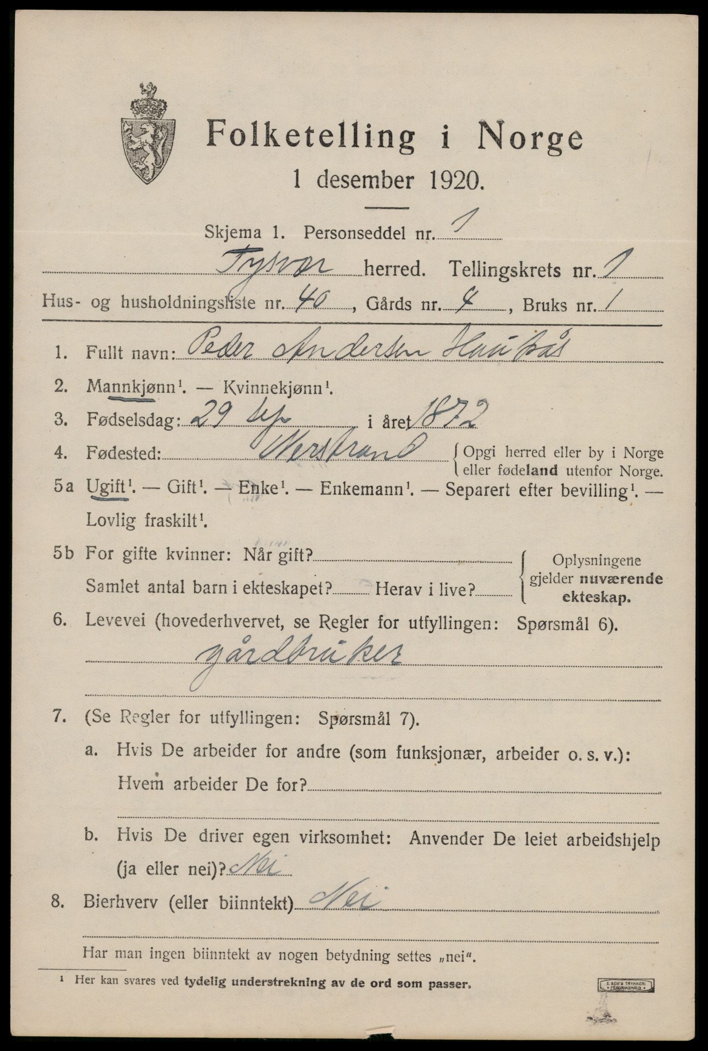 SAST, 1920 census for Tysvær, 1920, p. 1146