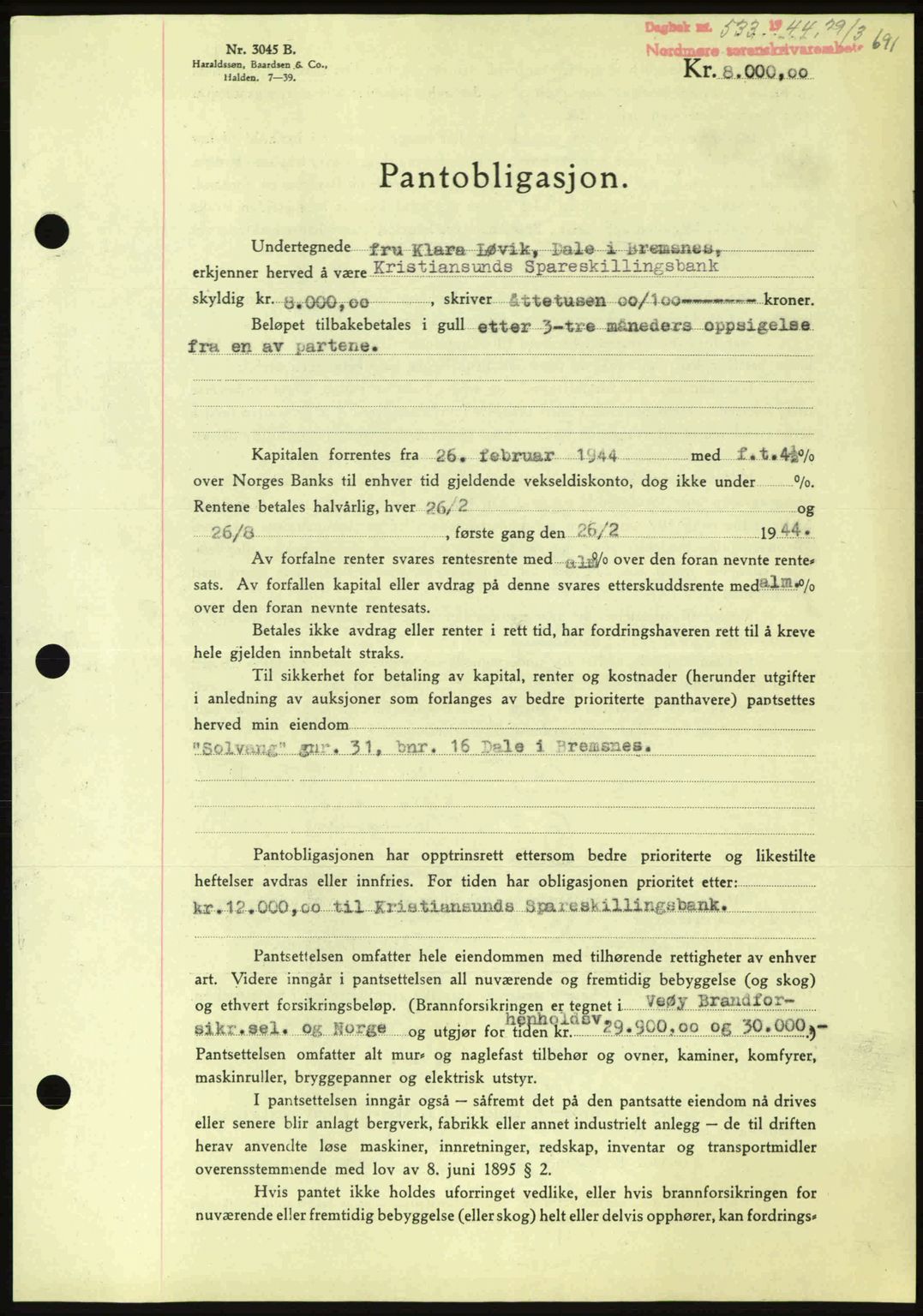 Nordmøre sorenskriveri, AV/SAT-A-4132/1/2/2Ca: Mortgage book no. B91, 1943-1944, Diary no: : 533/1944