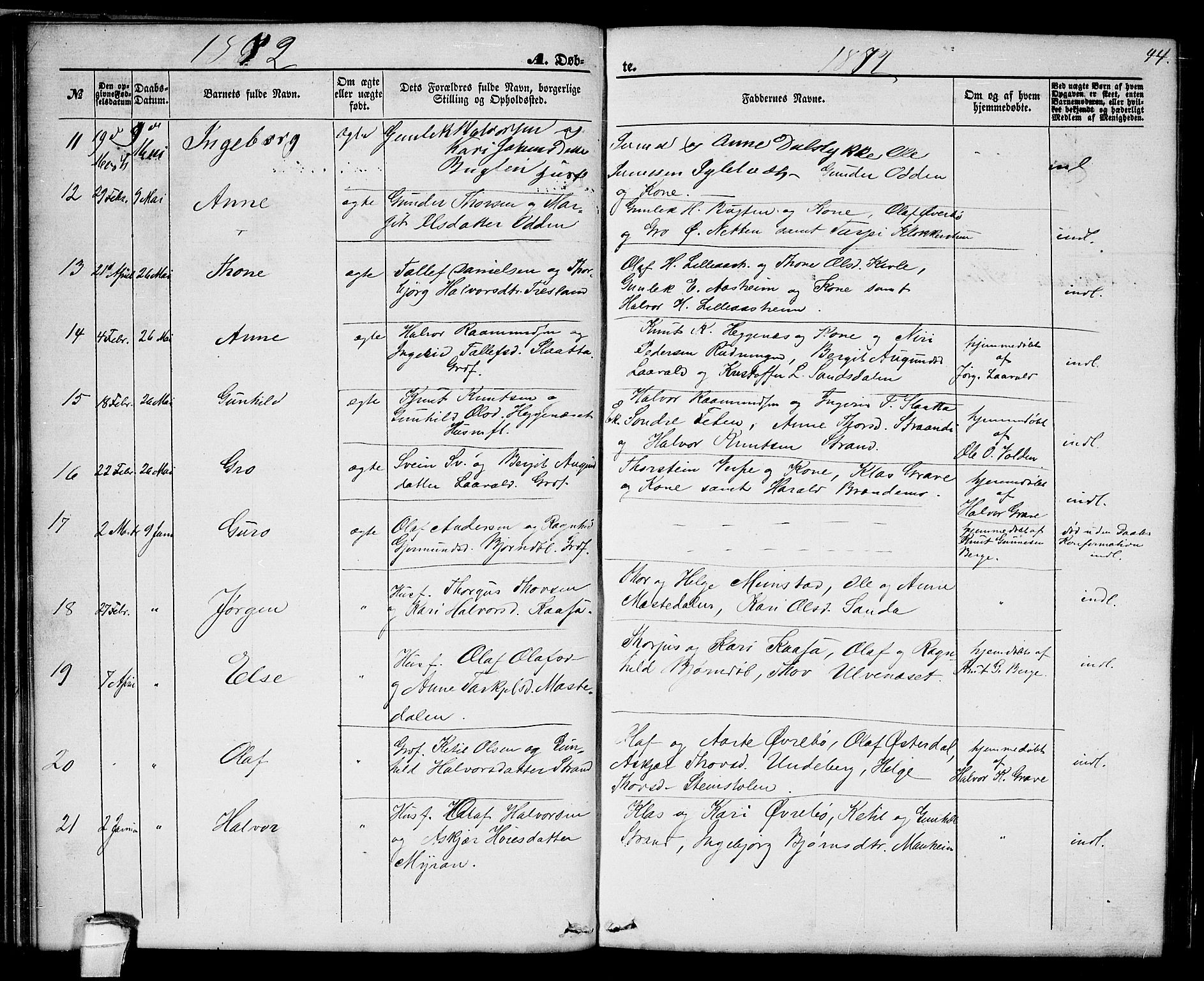 Seljord kirkebøker, SAKO/A-20/G/Ga/L0003: Parish register (copy) no. I 3, 1866-1873, p. 44