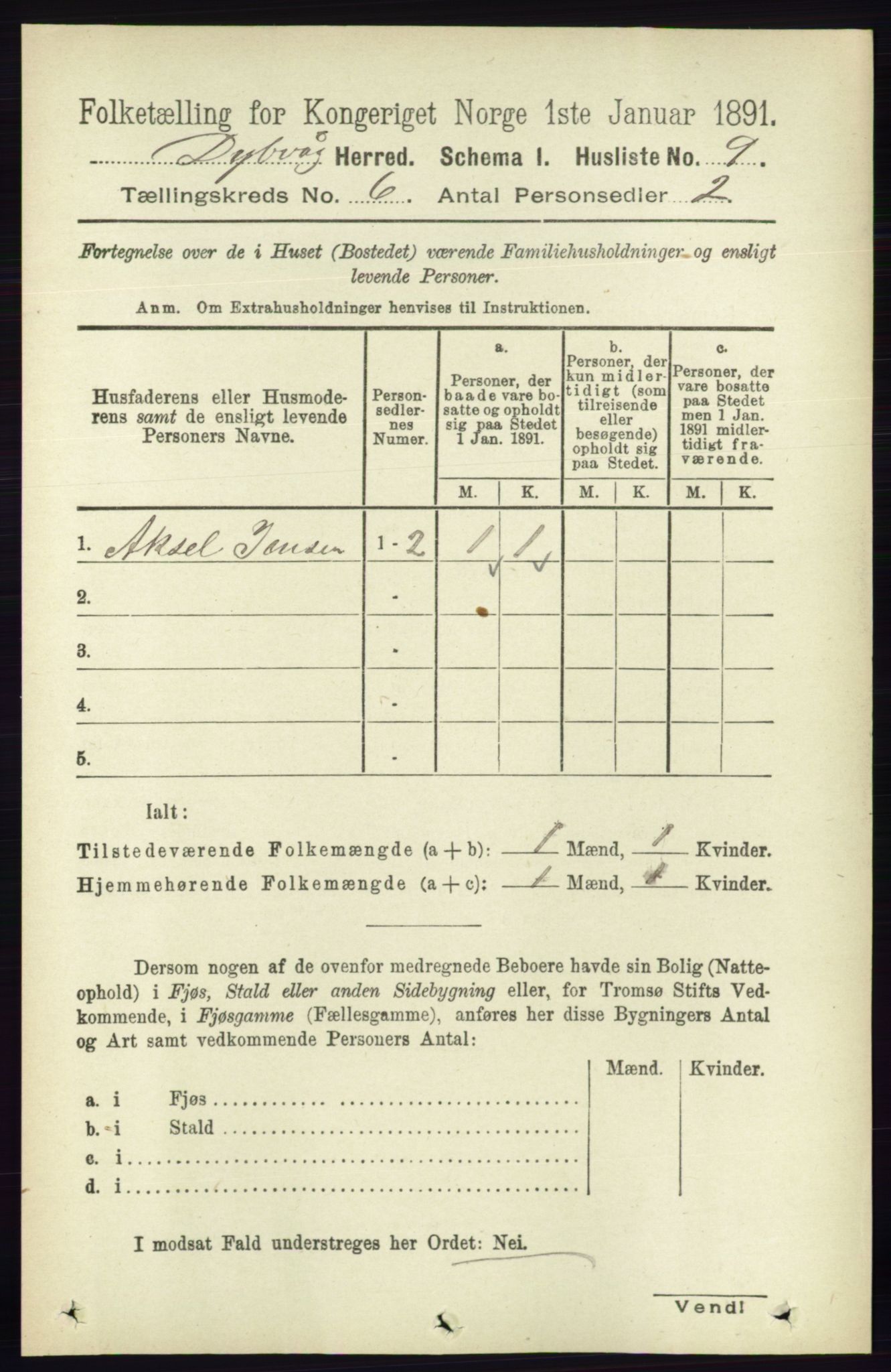 RA, 1891 census for 0915 Dypvåg, 1891, p. 1679