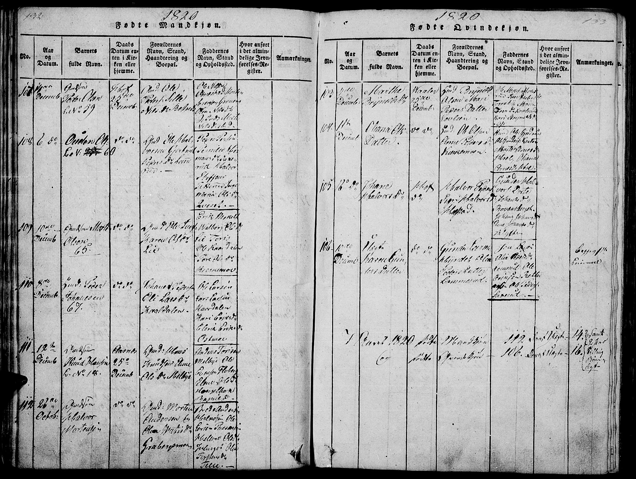 Hof prestekontor, SAH/PREST-038/H/Ha/Haa/L0005: Parish register (official) no. 5, 1816-1822, p. 132-133