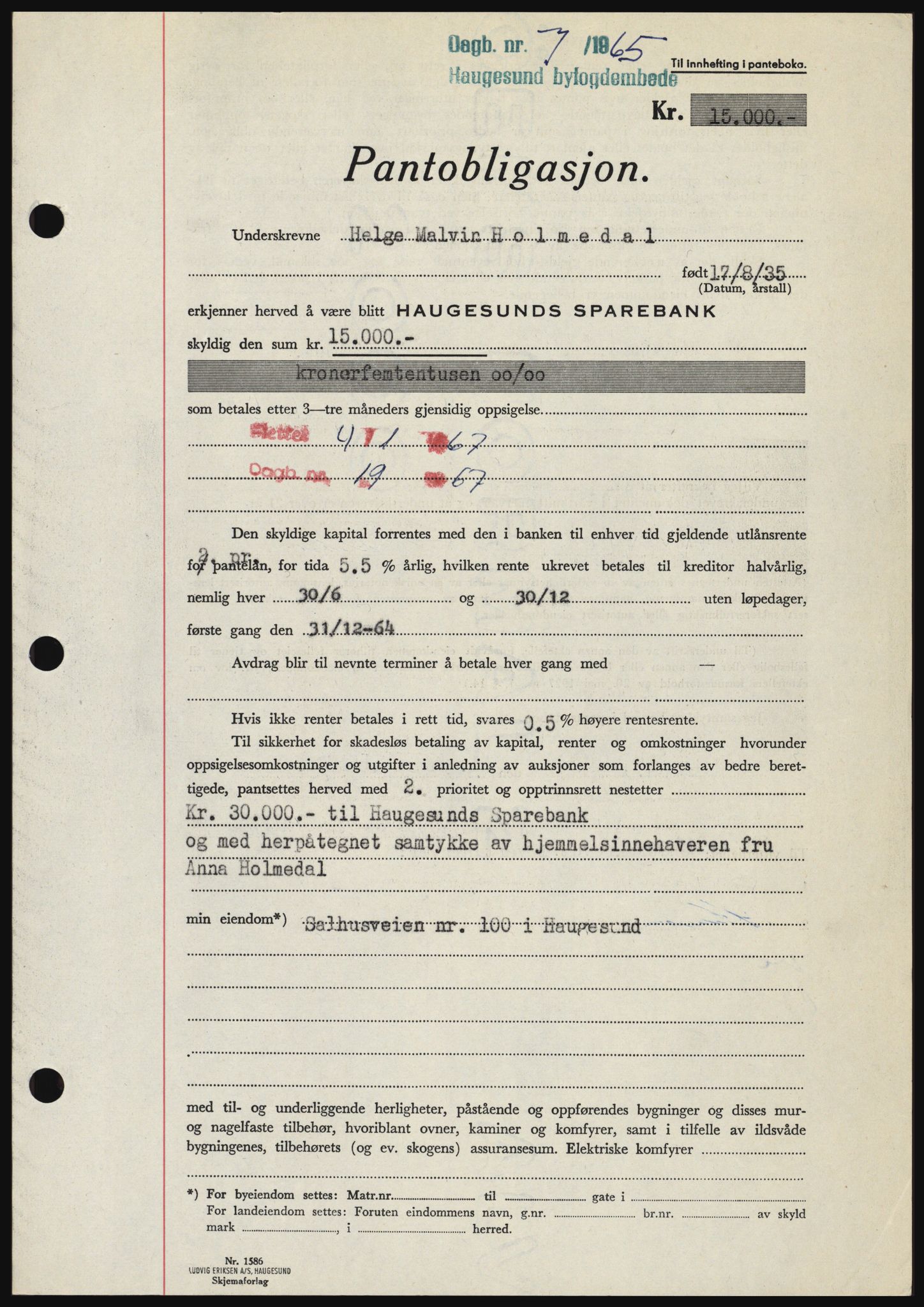 Haugesund tingrett, SAST/A-101415/01/II/IIC/L0053: Mortgage book no. B 53, 1965-1965, Diary no: : 7/1965