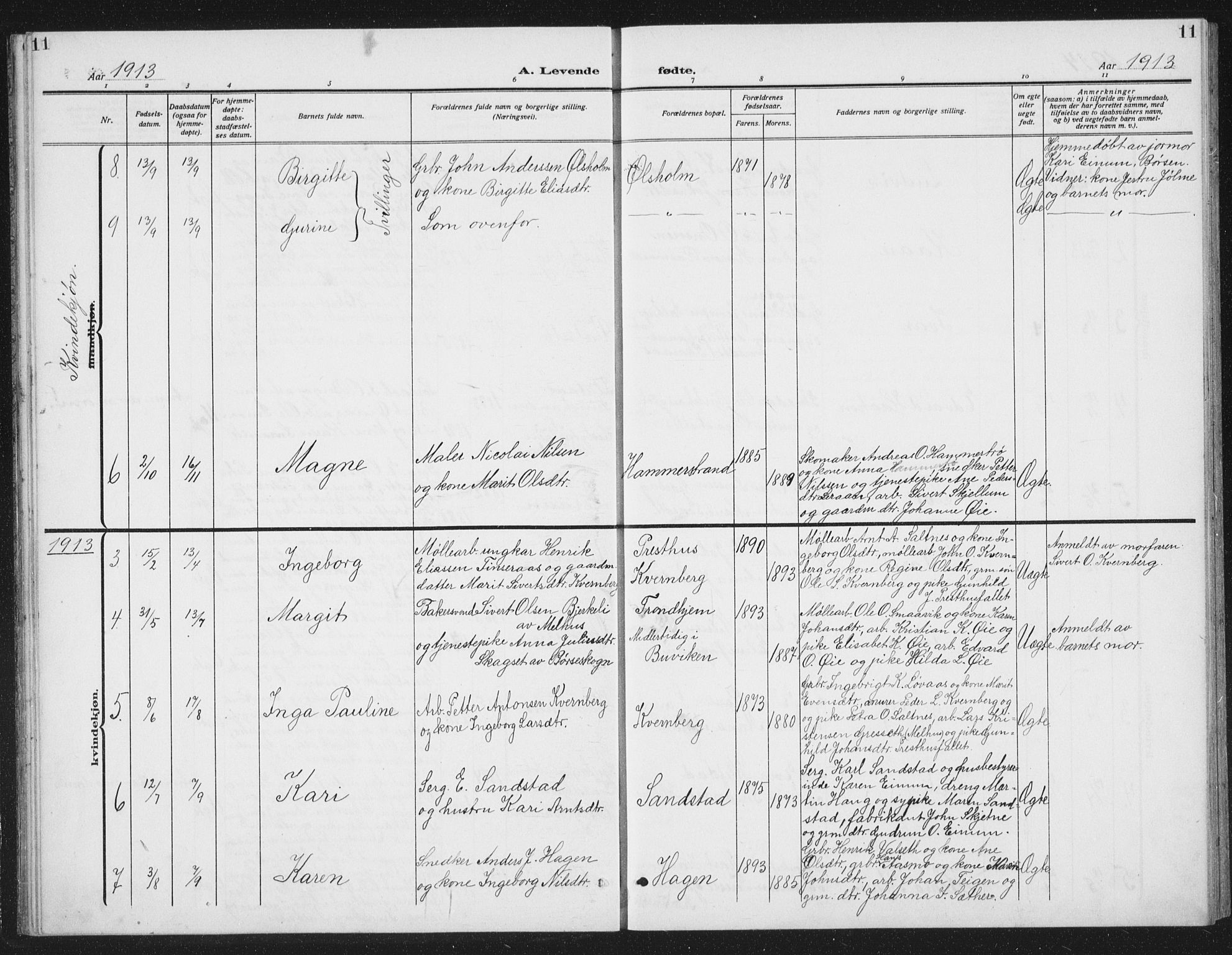 Ministerialprotokoller, klokkerbøker og fødselsregistre - Sør-Trøndelag, SAT/A-1456/666/L0791: Parish register (copy) no. 666C04, 1909-1939, p. 11