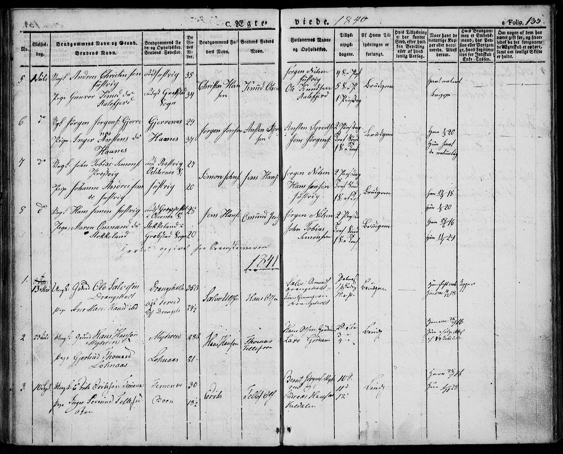 Tveit sokneprestkontor, AV/SAK-1111-0043/F/Fa/L0003: Parish register (official) no. A 3, 1829-1852, p. 135