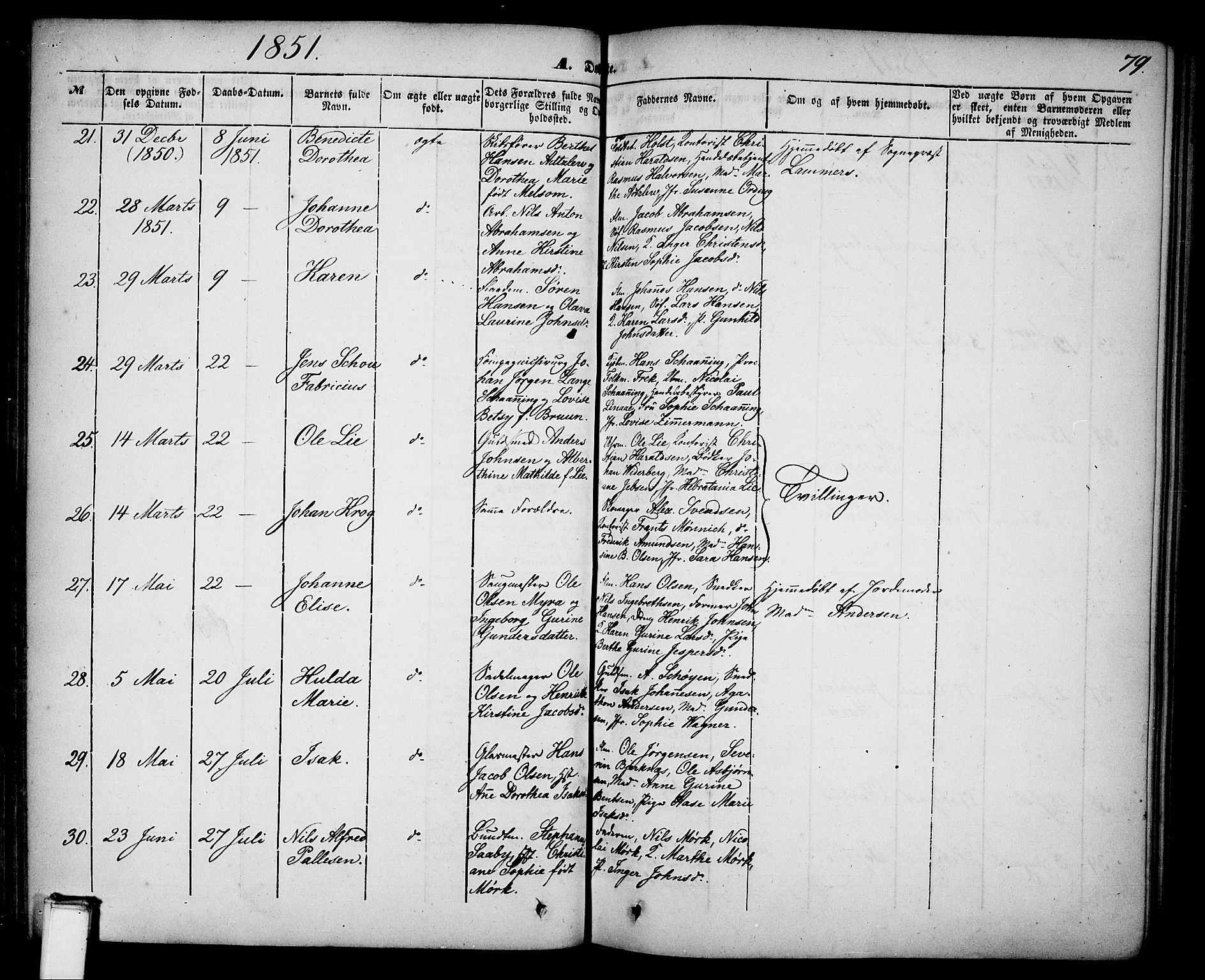 Skien kirkebøker, AV/SAKO-A-302/G/Ga/L0004: Parish register (copy) no. 4, 1843-1867, p. 79