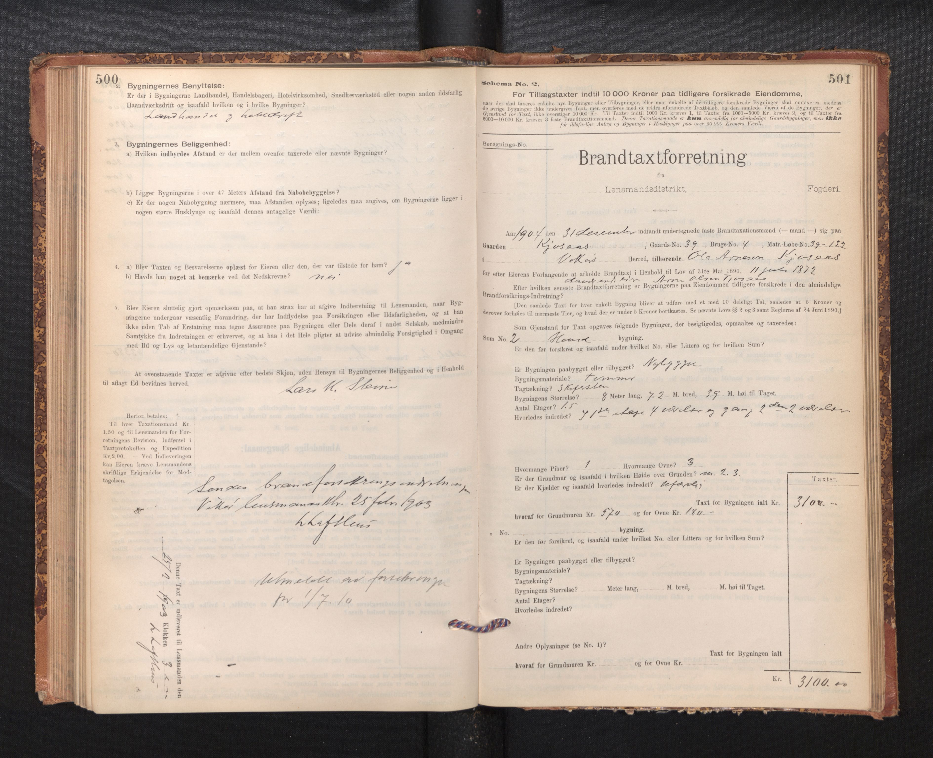 Lensmannen i Kvam, AV/SAB-A-33201/0012/L0005: Branntakstprotokoll, skjematakst, 1894-1913, p. 500-501