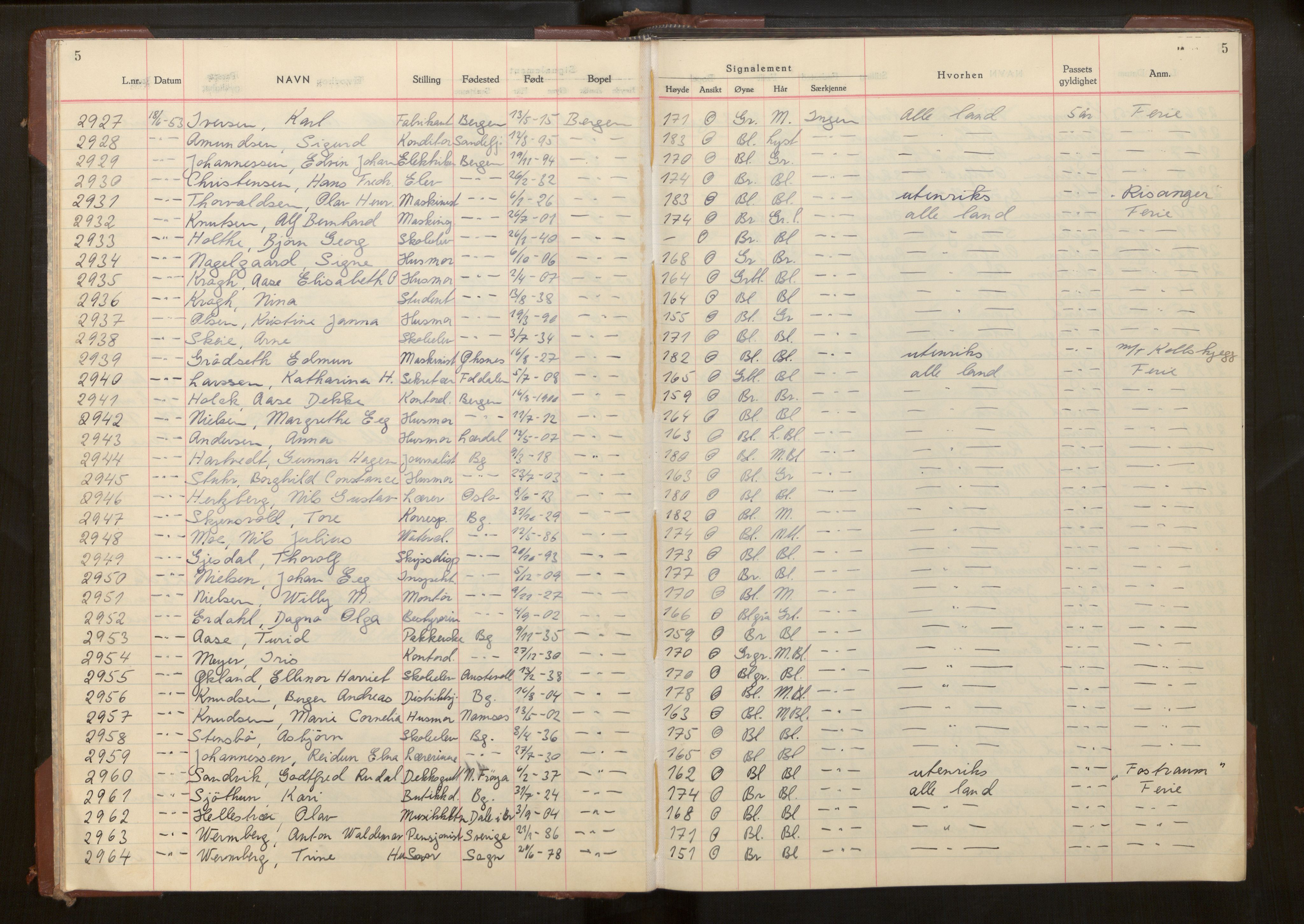 Bergen politikammer / politidistrikt, SAB/A-60401/L/La/Lab/L0020: Passprotokoll, 1953-1955