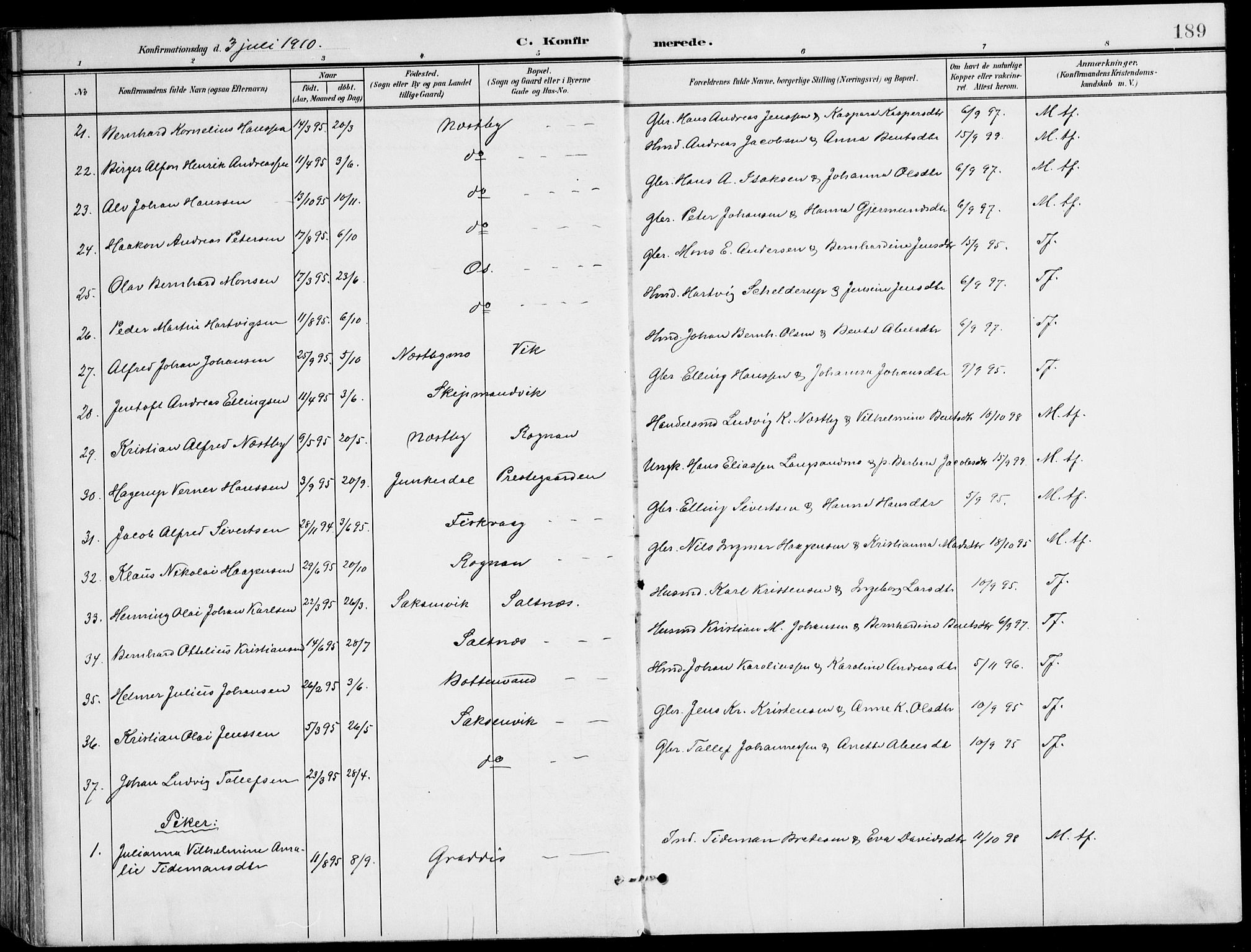 Ministerialprotokoller, klokkerbøker og fødselsregistre - Nordland, AV/SAT-A-1459/847/L0672: Parish register (official) no. 847A12, 1902-1919, p. 189