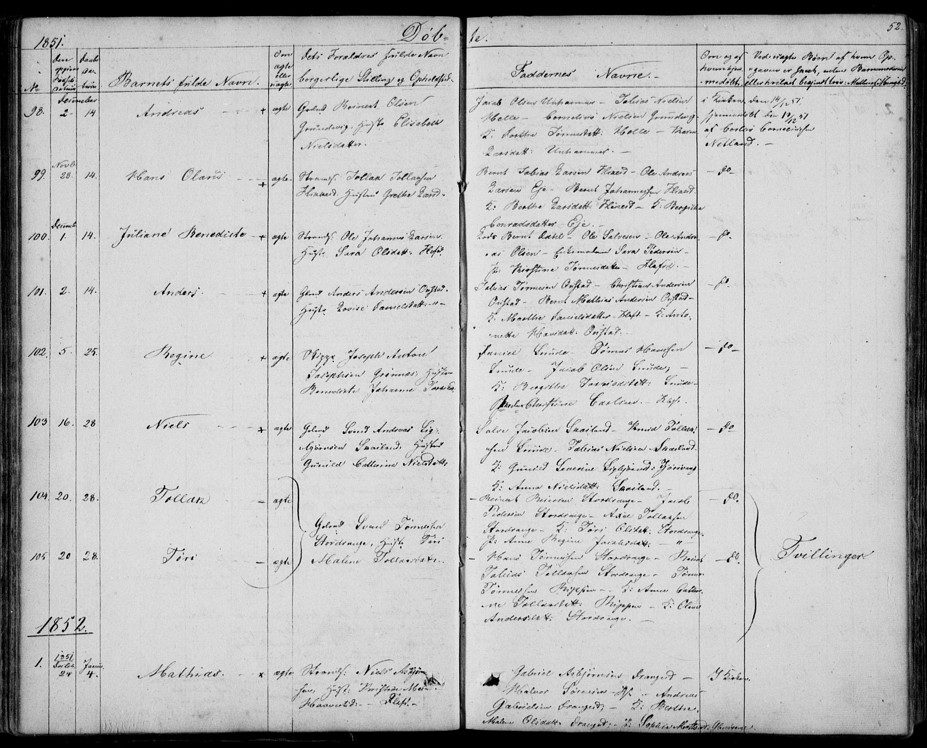 Flekkefjord sokneprestkontor, SAK/1111-0012/F/Fb/Fbc/L0005: Parish register (copy) no. B 5, 1846-1866, p. 52