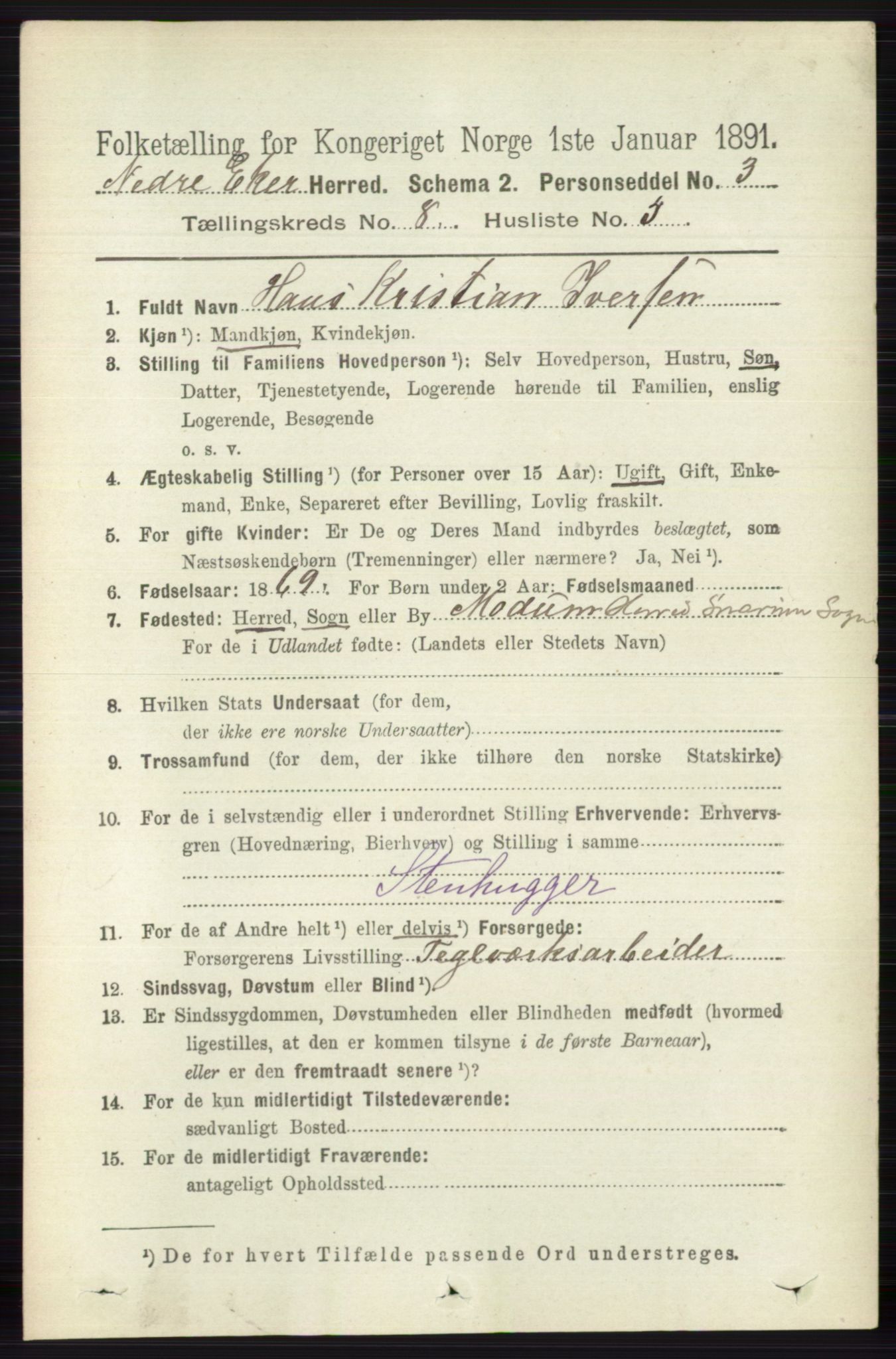 RA, 1891 census for 0625 Nedre Eiker, 1891, p. 3983