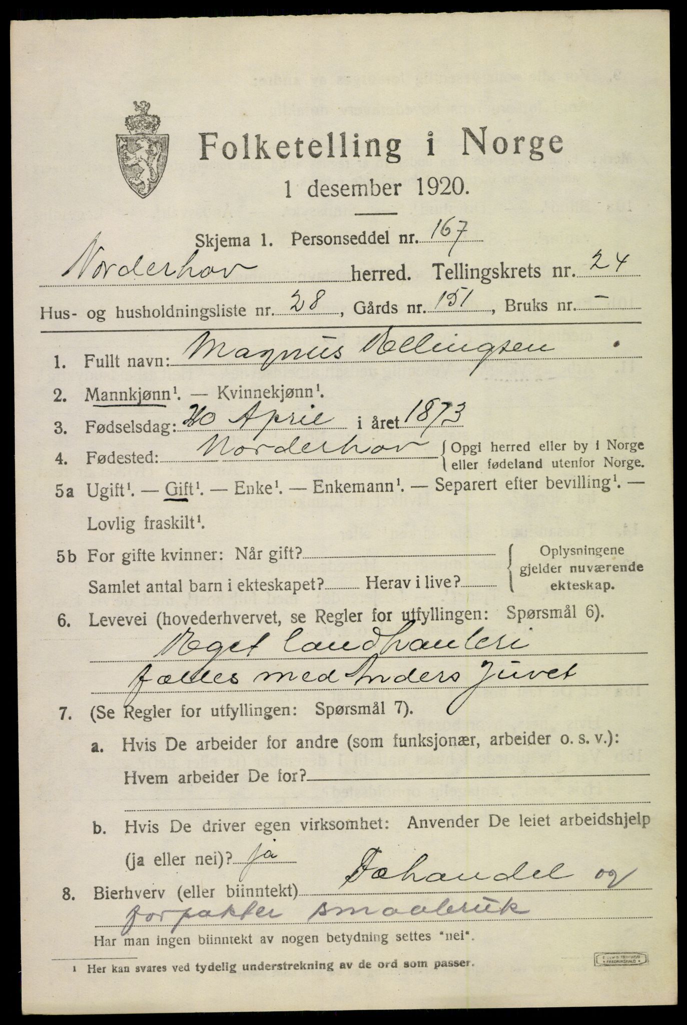 SAKO, 1920 census for Norderhov, 1920, p. 23773