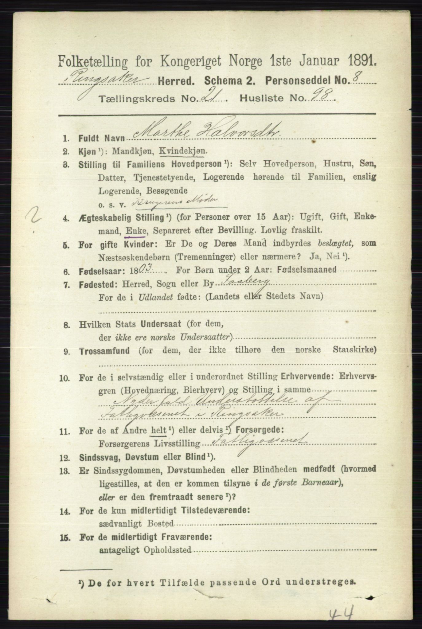 RA, 1891 census for 0412 Ringsaker, 1891, p. 12313