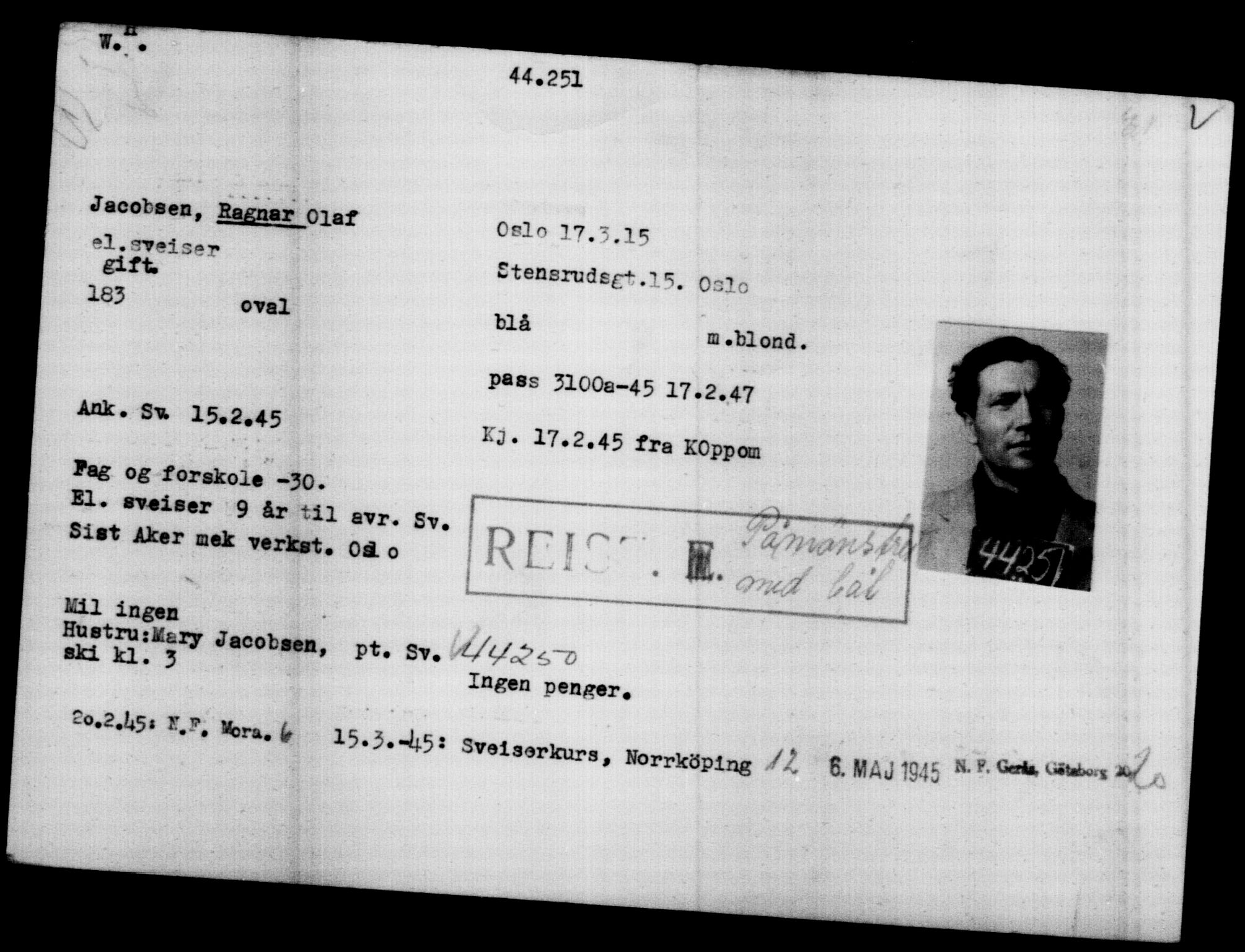 Utenriksstasjonene, Legasjonen i Stockholm, Flyktningkontoret, AV/RA-S-6753/V/Va/L0017: Kjesäterkartoteket, flyktninger med registreringsnr. 43400-46318, 1940-1945, p. 892