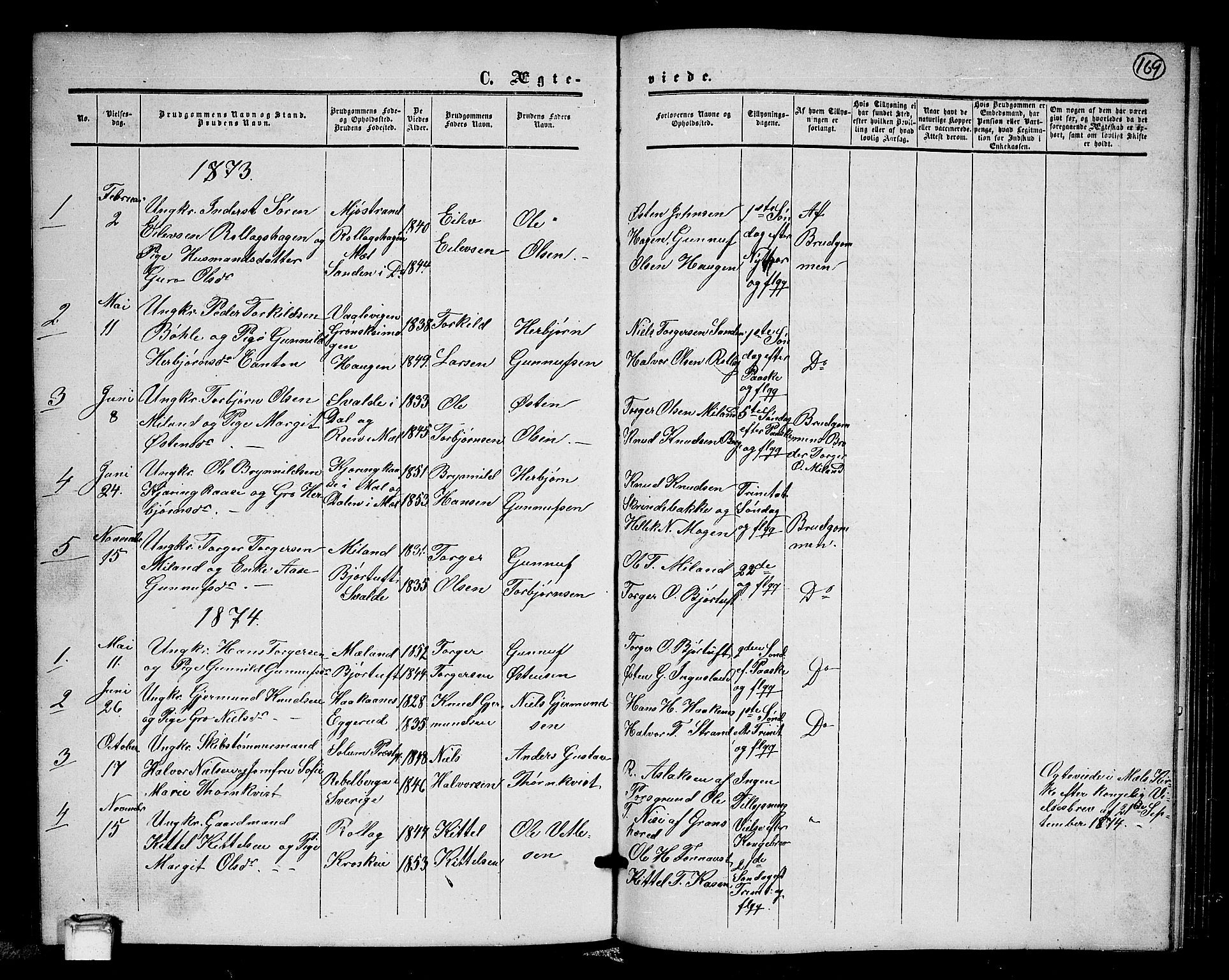 Tinn kirkebøker, SAKO/A-308/G/Gb/L0002: Parish register (copy) no. II 2, 1851-1886, p. 169