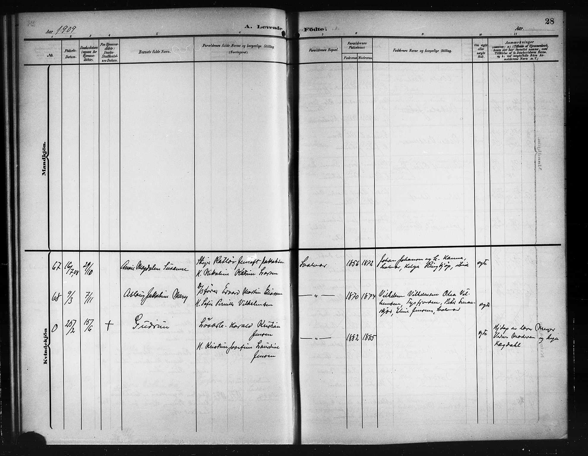 Ministerialprotokoller, klokkerbøker og fødselsregistre - Nordland, AV/SAT-A-1459/874/L1079: Parish register (copy) no. 874C08, 1907-1915, p. 28