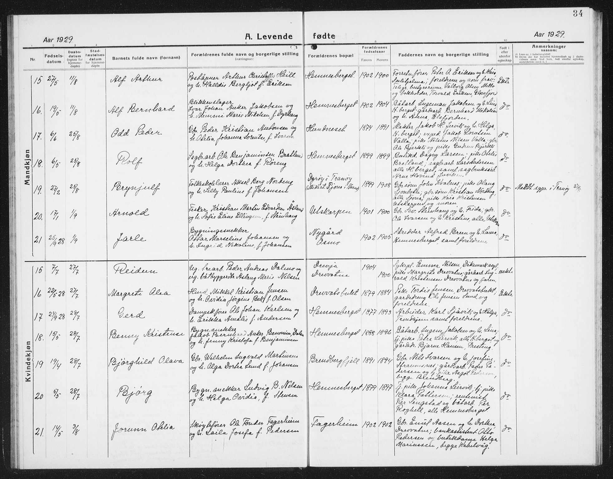 Ministerialprotokoller, klokkerbøker og fødselsregistre - Nordland, AV/SAT-A-1459/825/L0372: Parish register (copy) no. 825C09, 1923-1940, p. 34