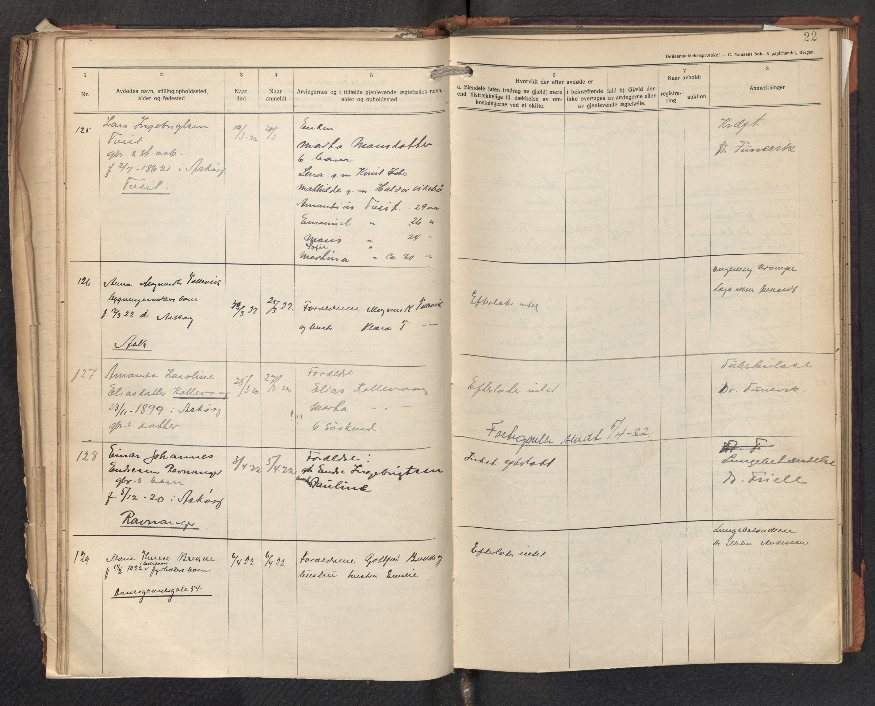 Lensmannen i Askøy, AV/SAB-A-31001/0006/L0002: Dødsfallprotokoll med register , 1921-1928, p. 22