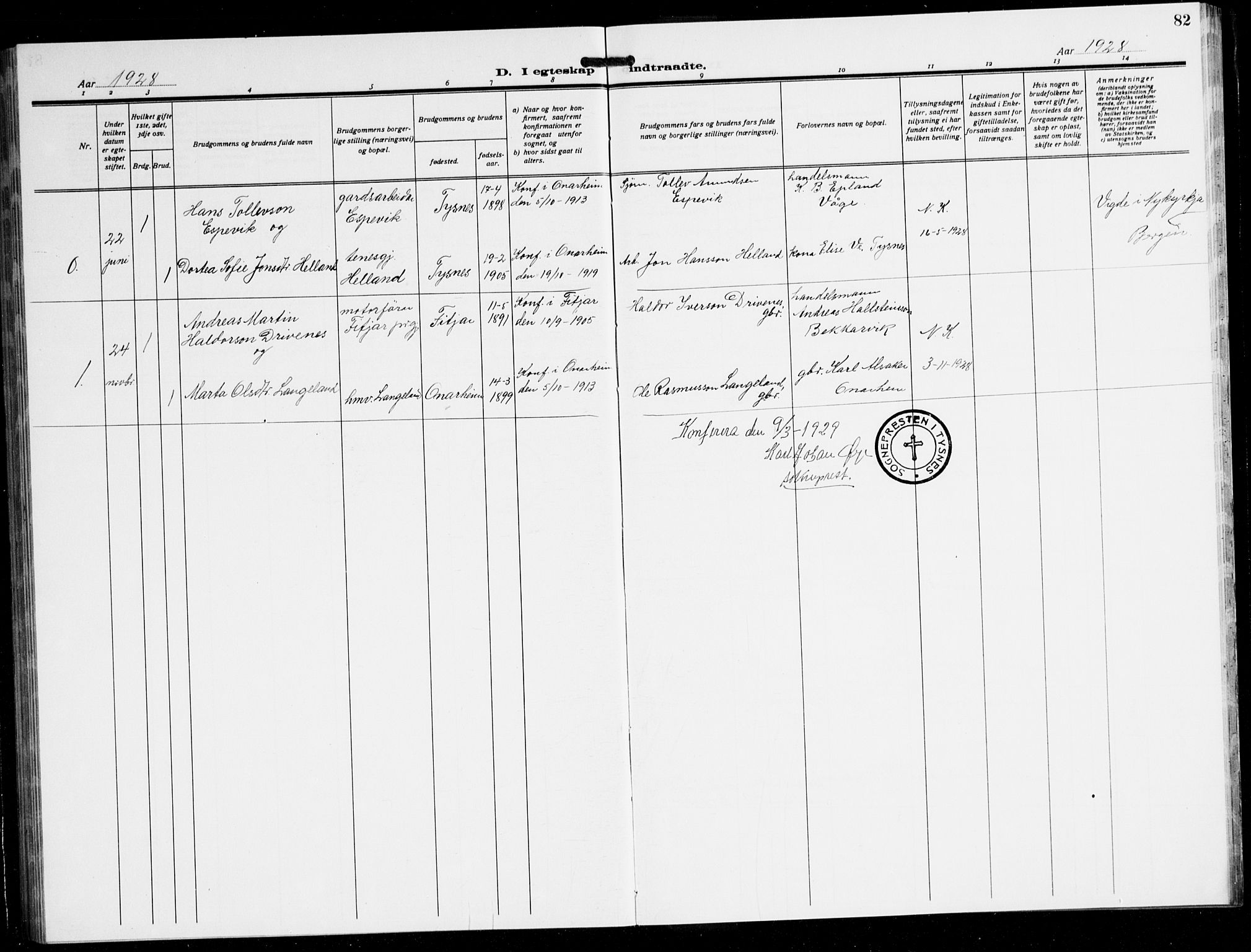 Tysnes sokneprestembete, AV/SAB-A-78601/H/Hab: Parish register (copy) no. C 4, 1925-1945, p. 82