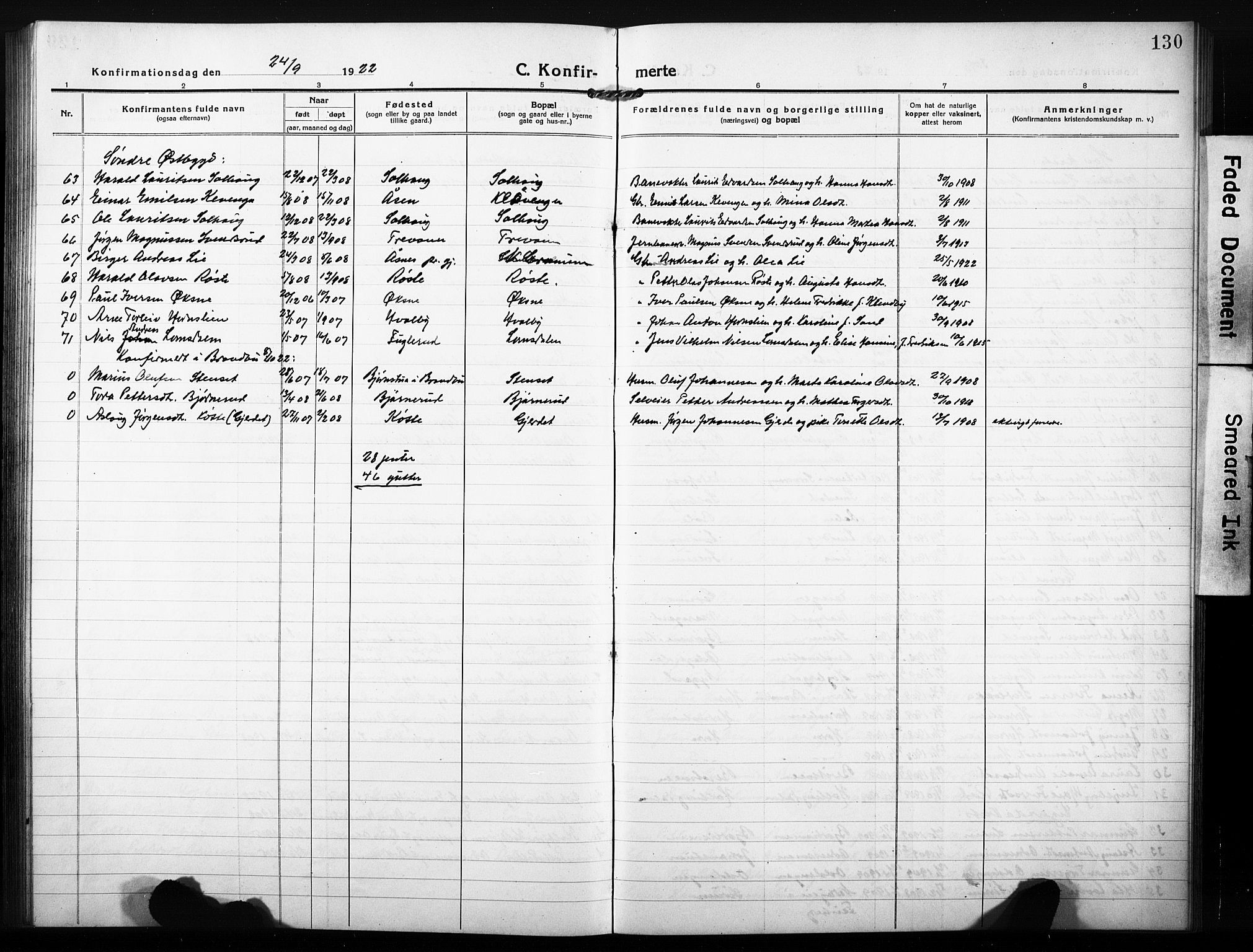 Søndre Land prestekontor, SAH/PREST-122/L/L0007: Parish register (copy) no. 7, 1915-1932, p. 130