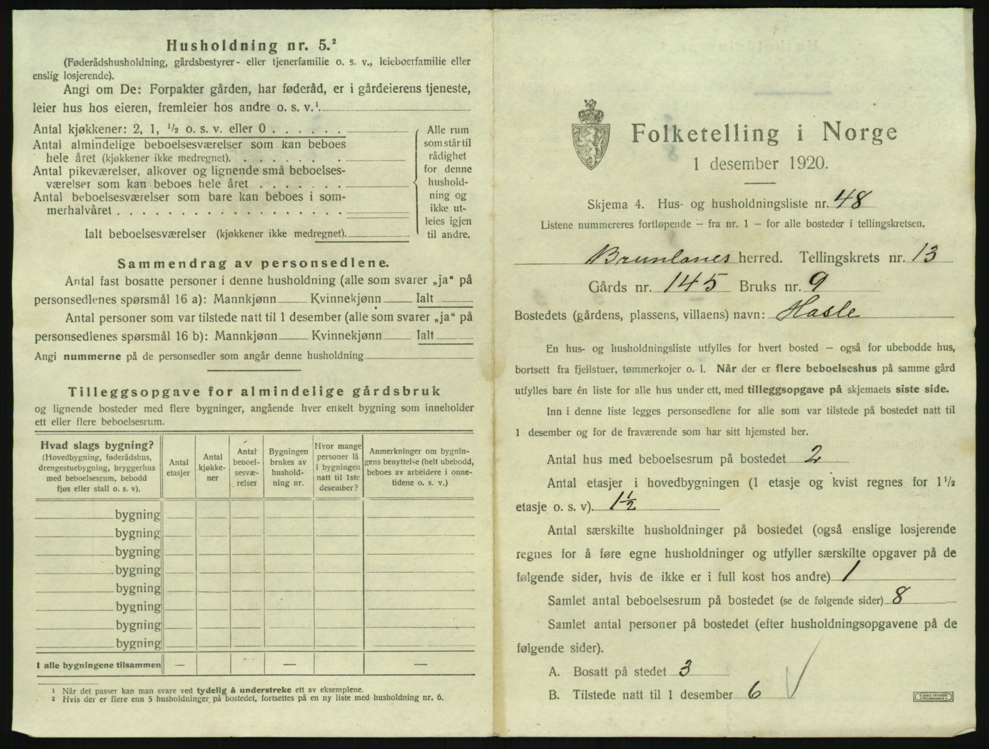 SAKO, 1920 census for Brunlanes, 1920, p. 1845