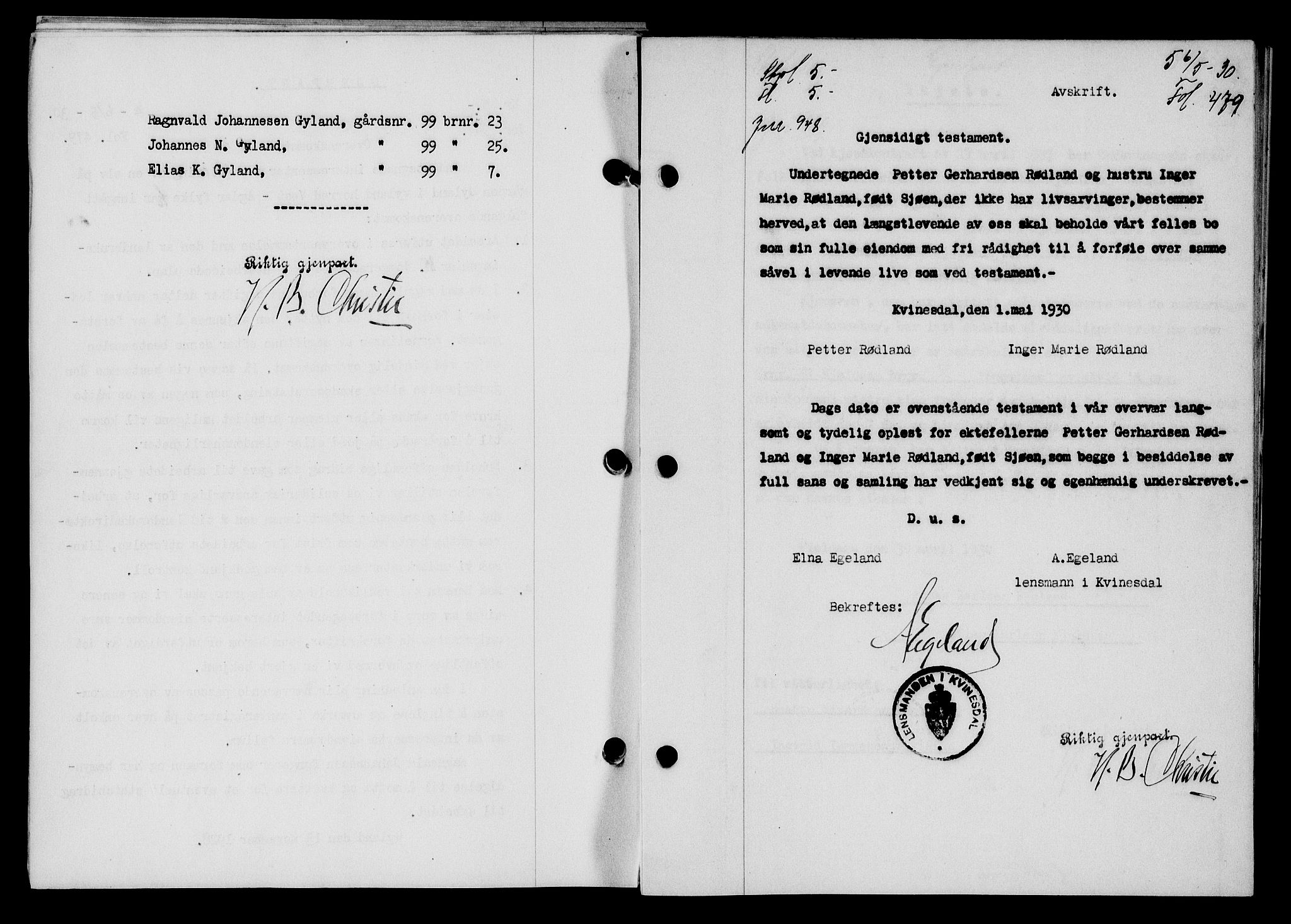 Flekkefjord sorenskriveri, SAK/1221-0001/G/Gb/Gba/L0045: Mortgage book no. 43, 1929-1930, Deed date: 06.05.1930