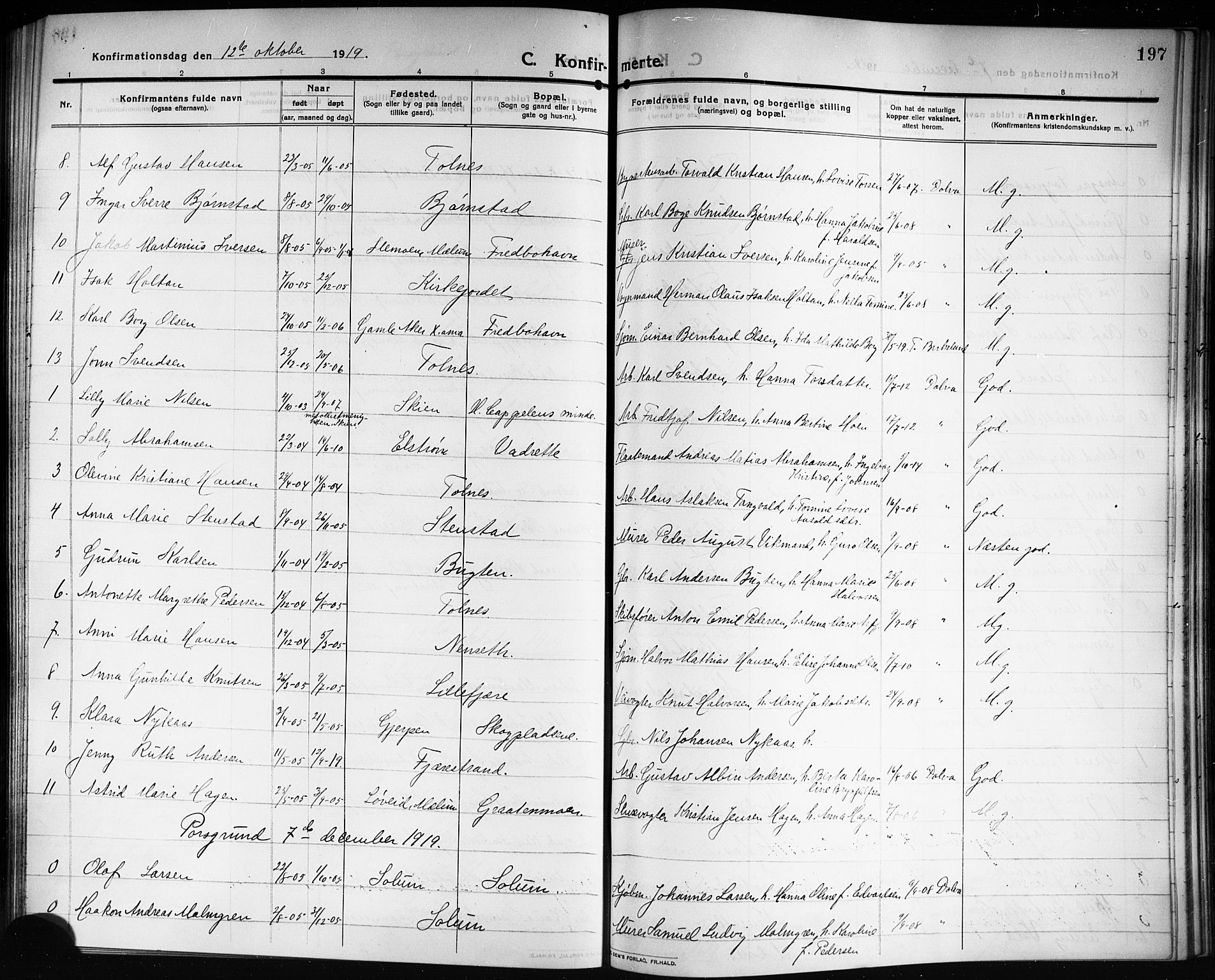 Solum kirkebøker, SAKO/A-306/G/Ga/L0009: Parish register (copy) no. I 9, 1909-1922, p. 197