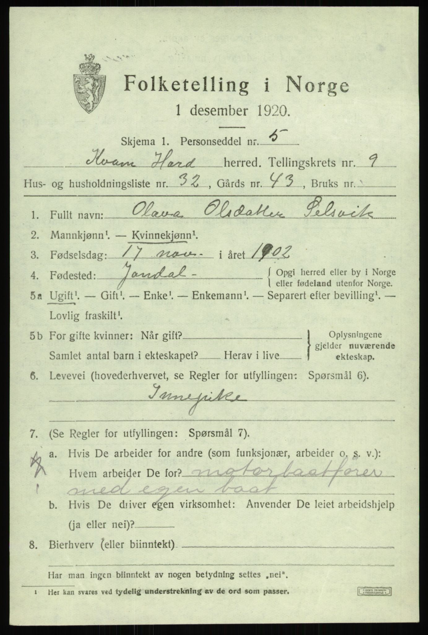 SAB, 1920 census for Kvam, 1920, p. 6057