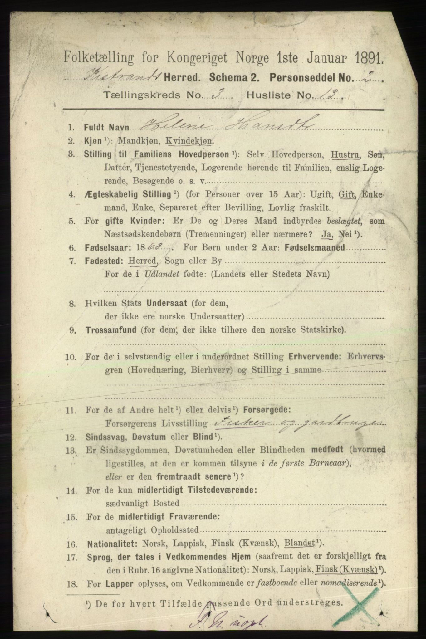 RA, 1891 census for 2020 Kistrand, 1891, p. 1357