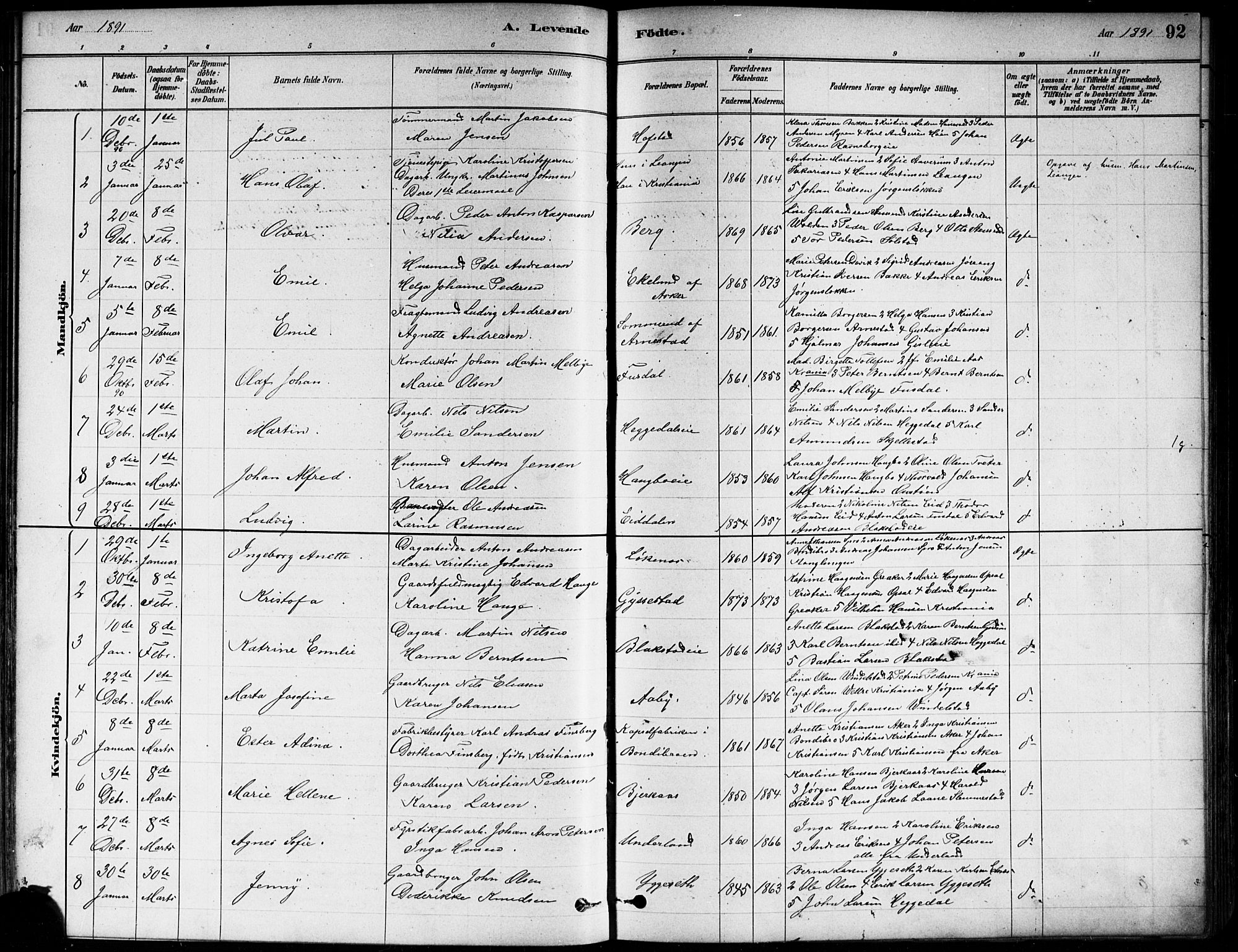 Asker prestekontor Kirkebøker, SAO/A-10256a/F/Fa/L0013: Parish register (official) no. I 13, 1879-1896, p. 92