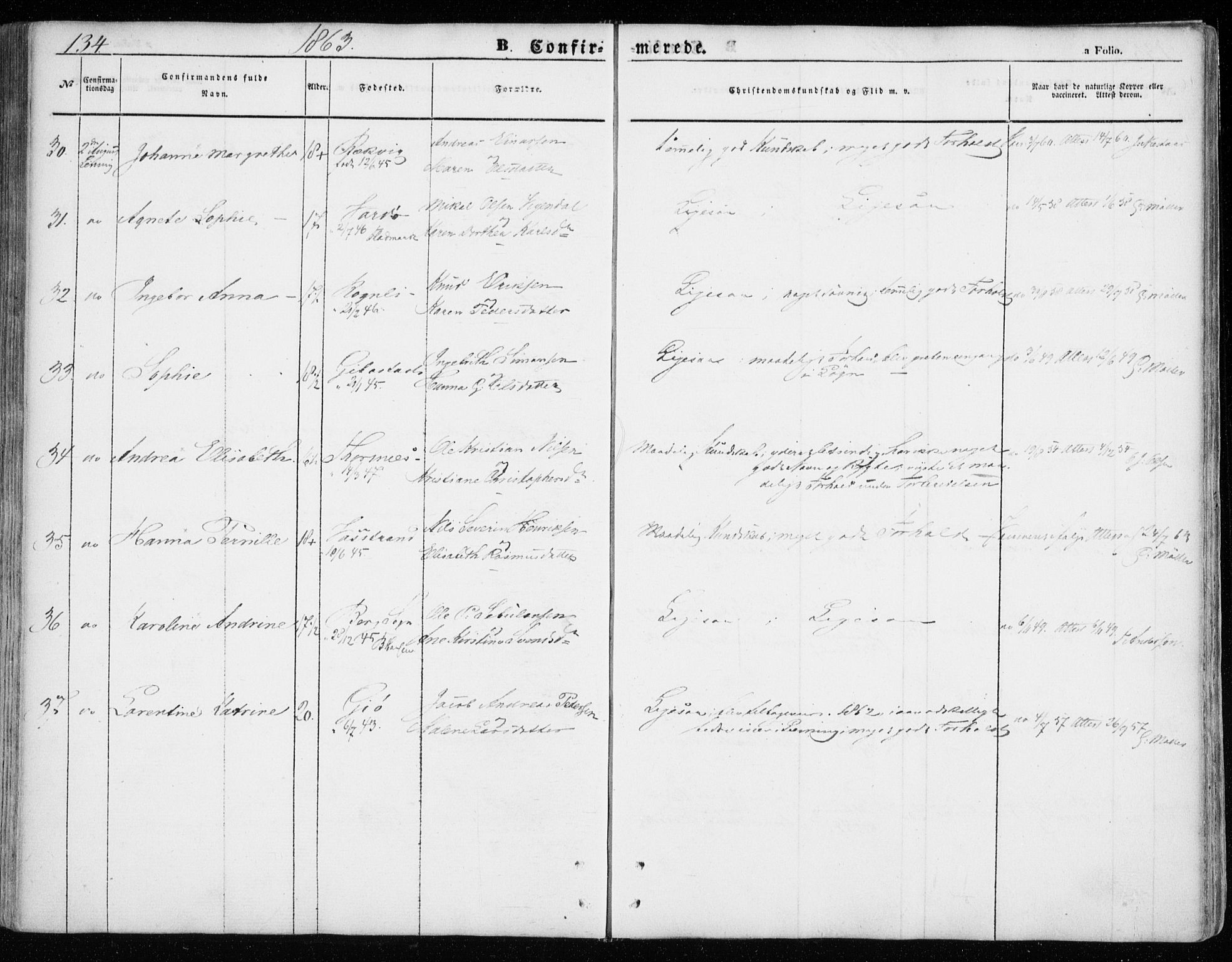 Lenvik sokneprestembete, SATØ/S-1310/H/Ha/Haa/L0007kirke: Parish register (official) no. 7, 1855-1865, p. 134