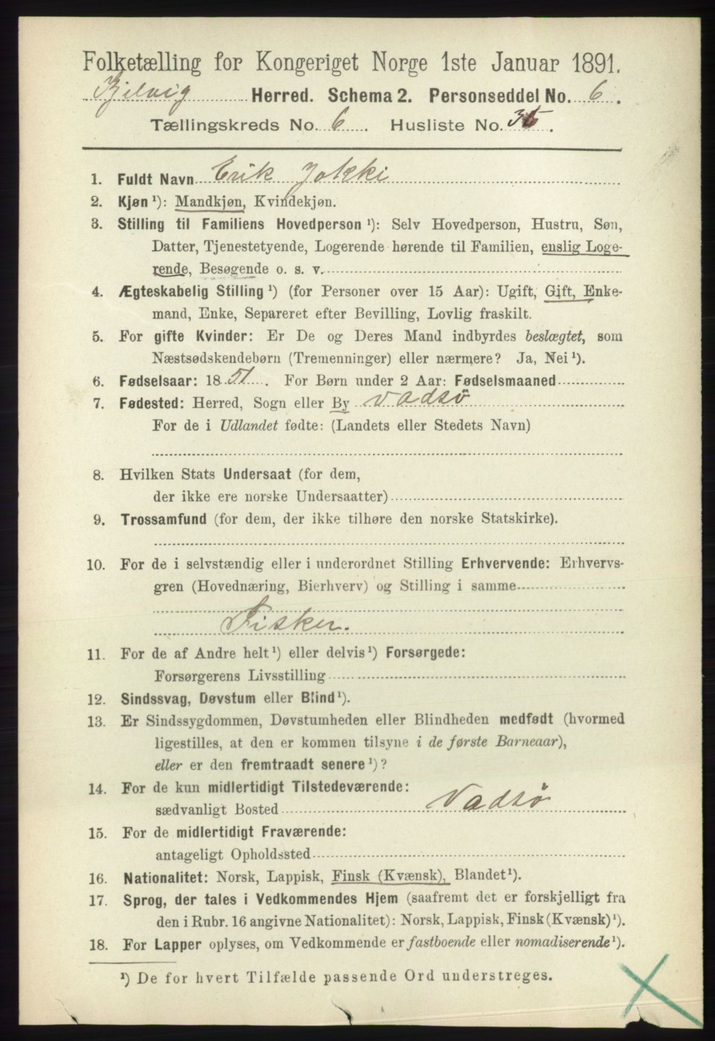 RA, 1891 census for 2019 Kjelvik, 1891, p. 836