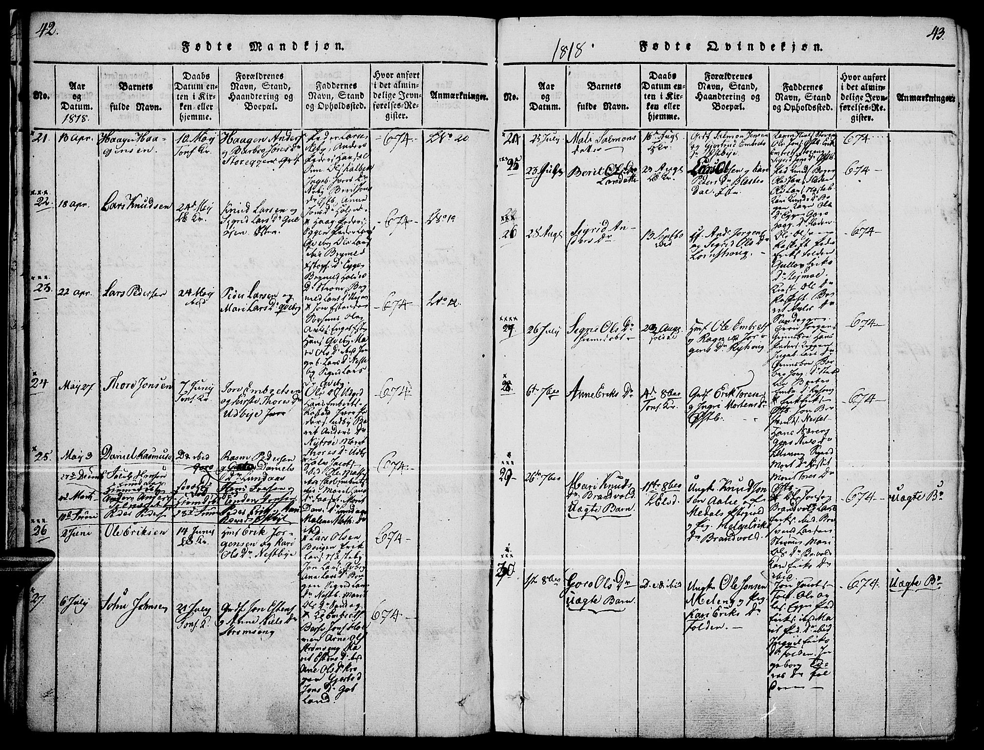 Tynset prestekontor, SAH/PREST-058/H/Ha/Haa/L0018: Parish register (official) no. 18, 1815-1829, p. 42-43