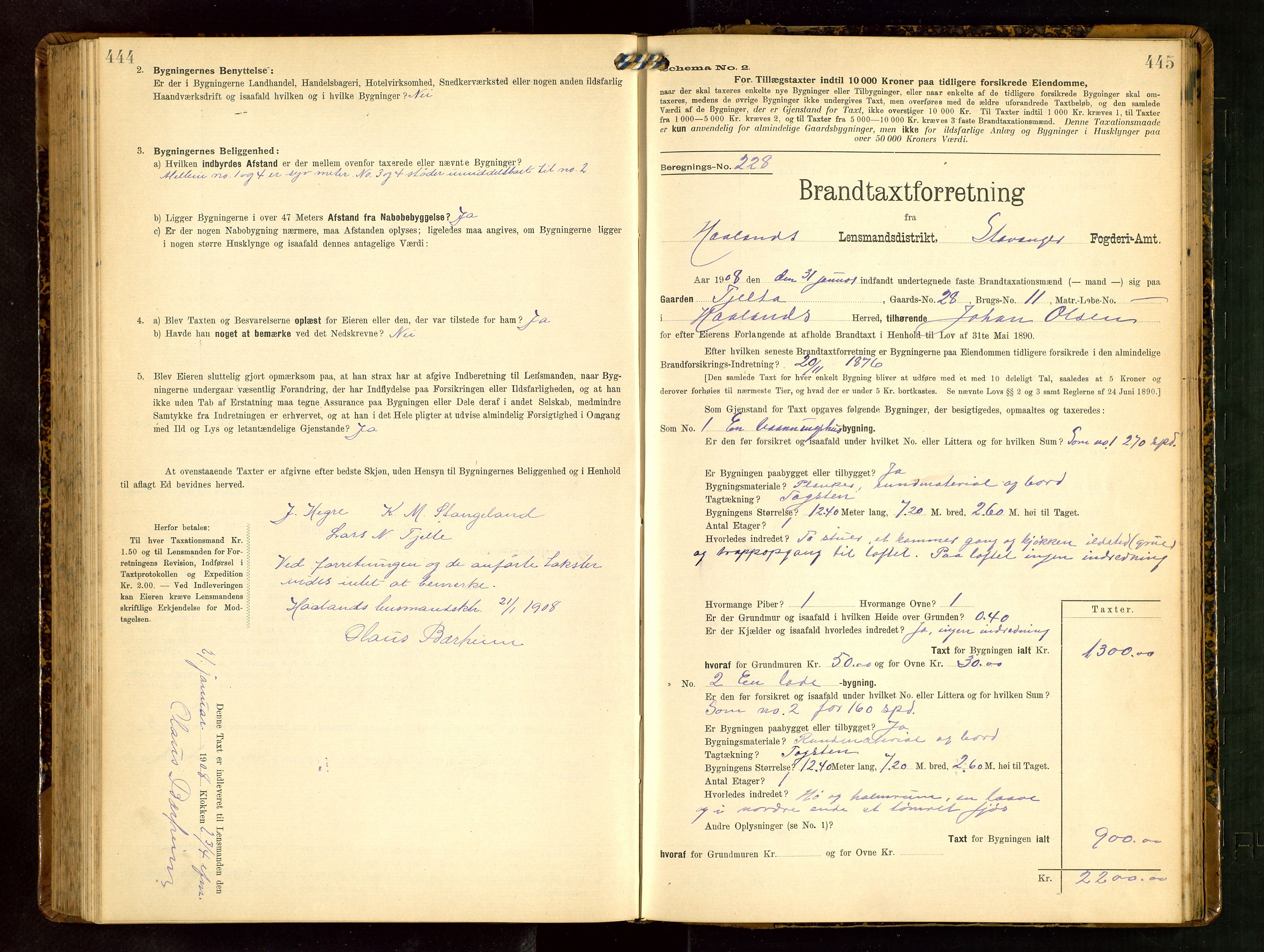 Håland lensmannskontor, SAST/A-100100/Gob/L0003: Branntakstprotokoll - skjematakst. Register i boken., 1909-1910, p. 444-445