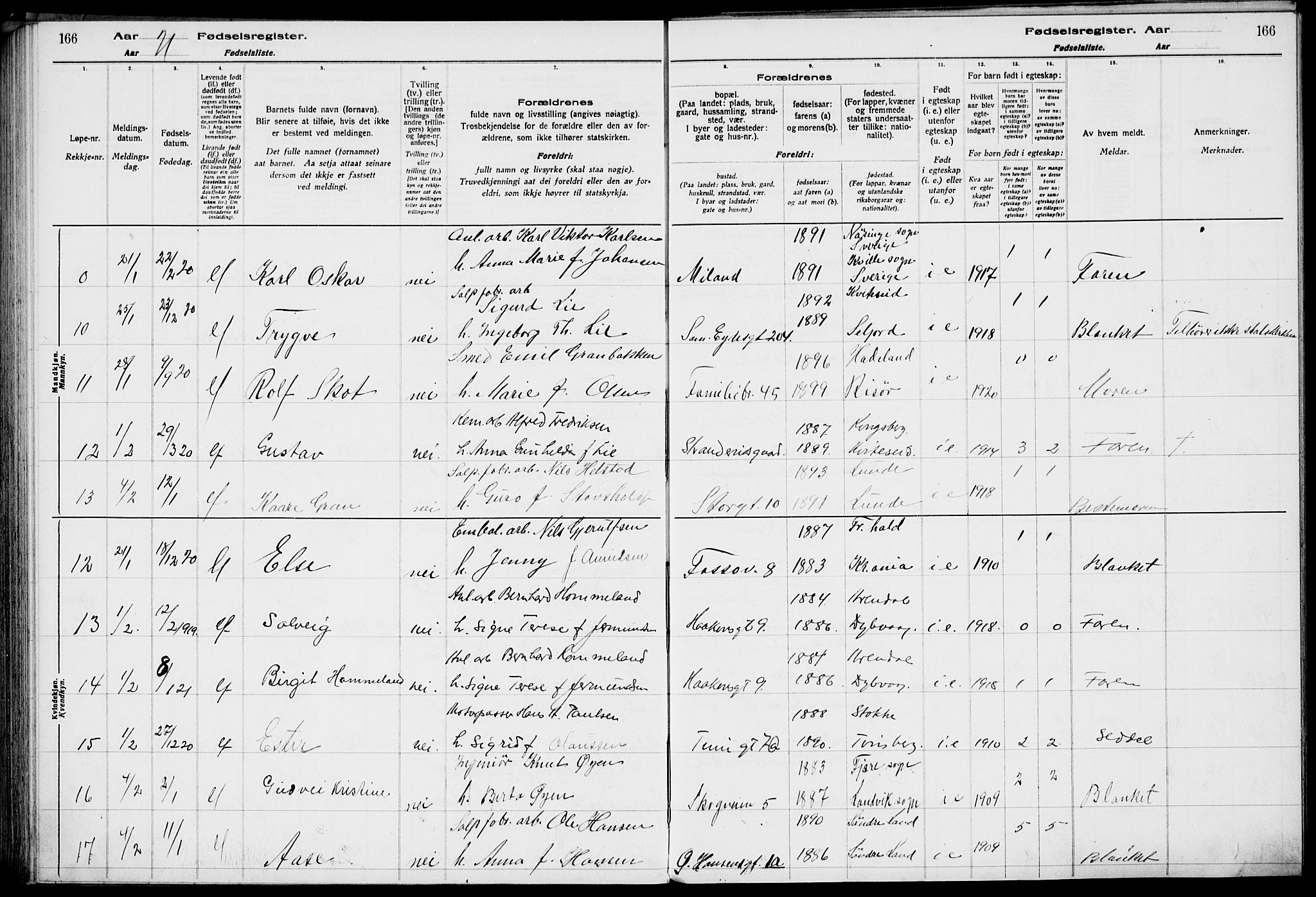 Rjukan kirkebøker, AV/SAKO-A-294/J/Ja/L0001: Birth register no. 1, 1916-1922, p. 166