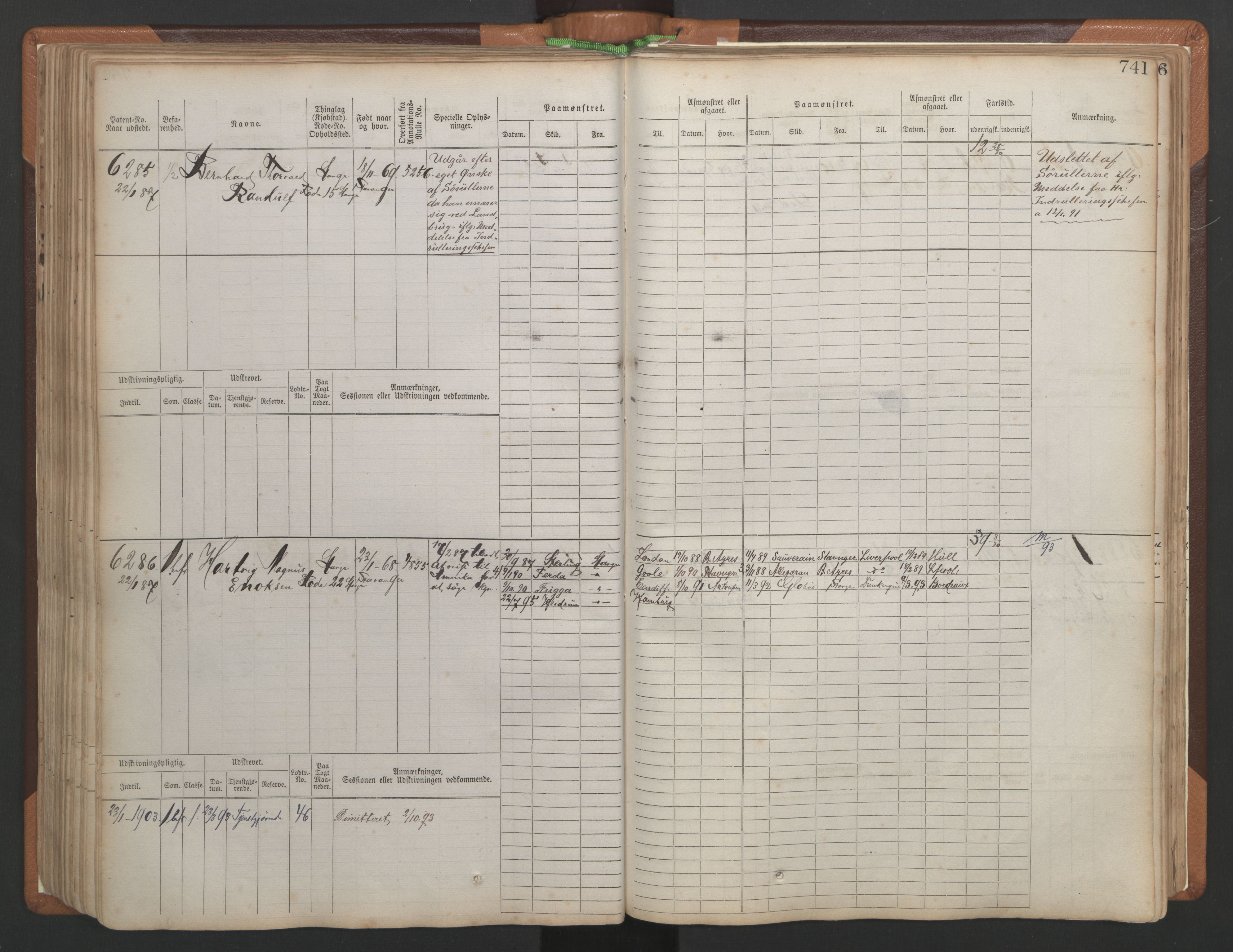 Stavanger sjømannskontor, AV/SAST-A-102006/F/Fb/Fbb/L0010: Sjøfartshovedrulle, patentnr. 6007-6606 (del 1), 1887-1896, p. 145