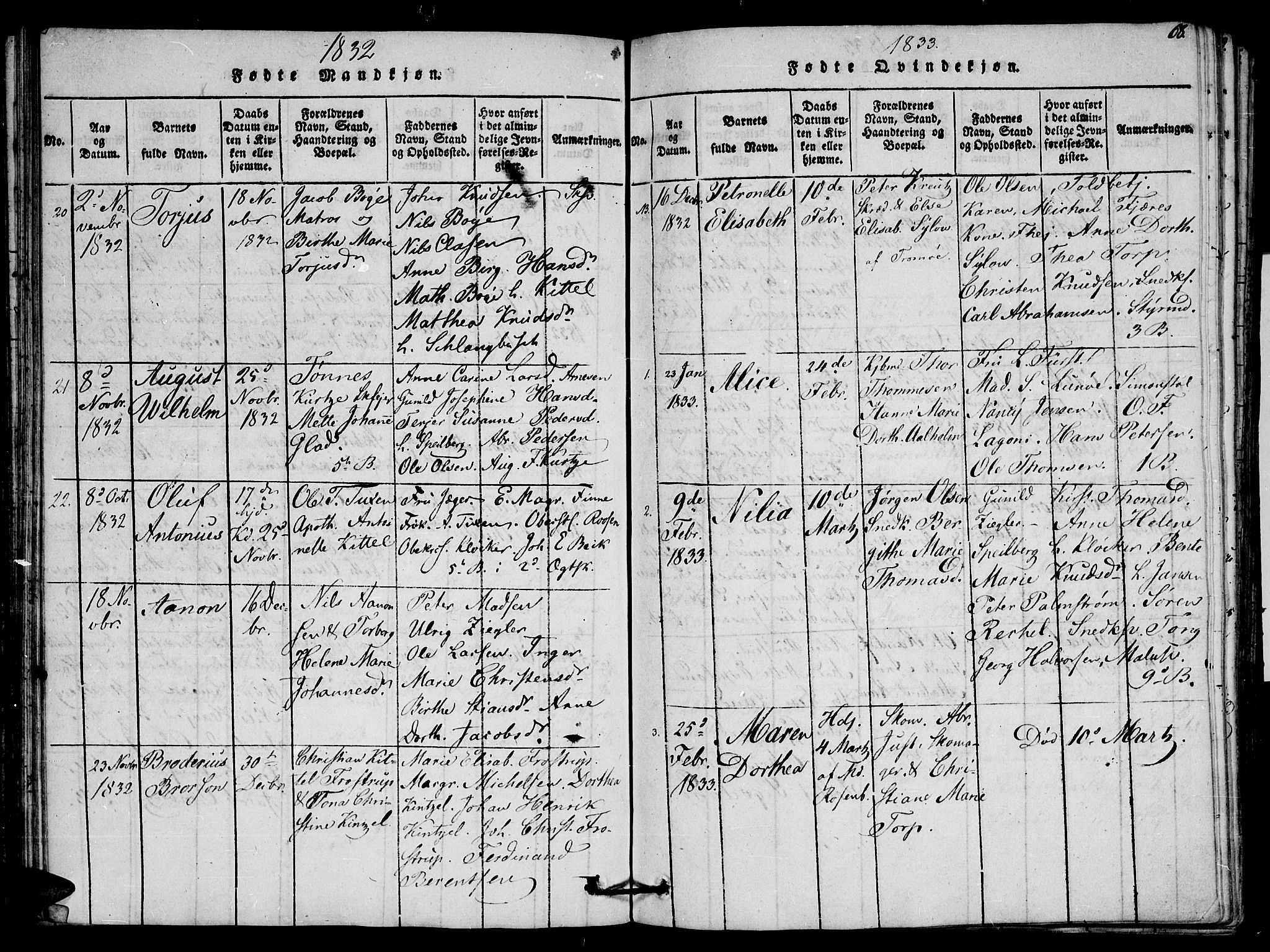 Arendal sokneprestkontor, Trefoldighet, SAK/1111-0040/F/Fb/L0001: Parish register (copy) no. B 1, 1816-1838, p. 68