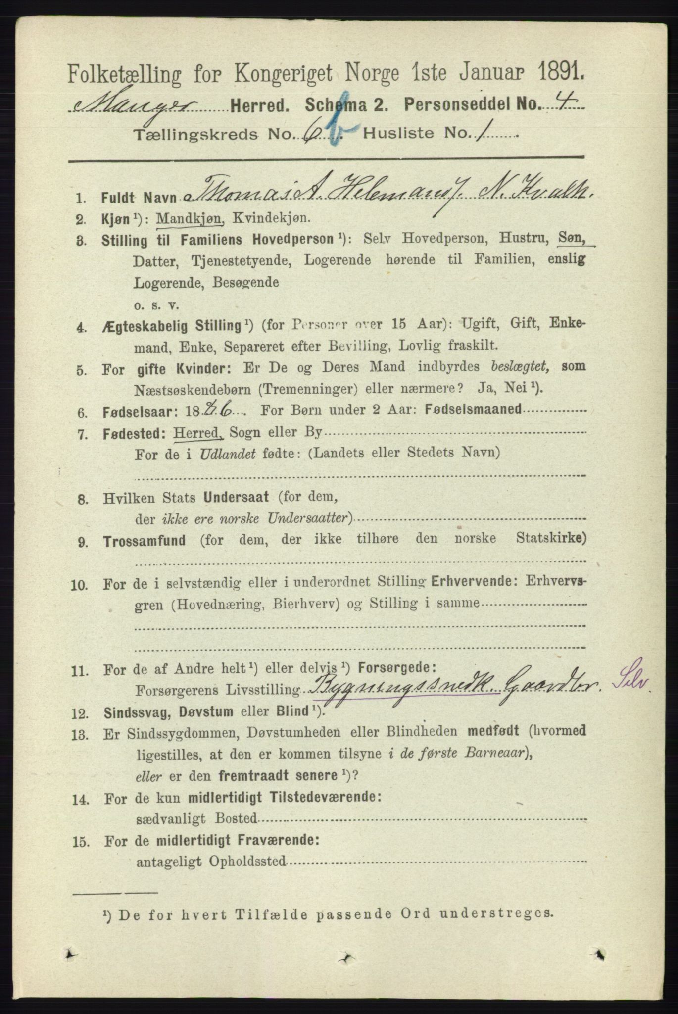 RA, 1891 census for 1261 Manger, 1891, p. 3994