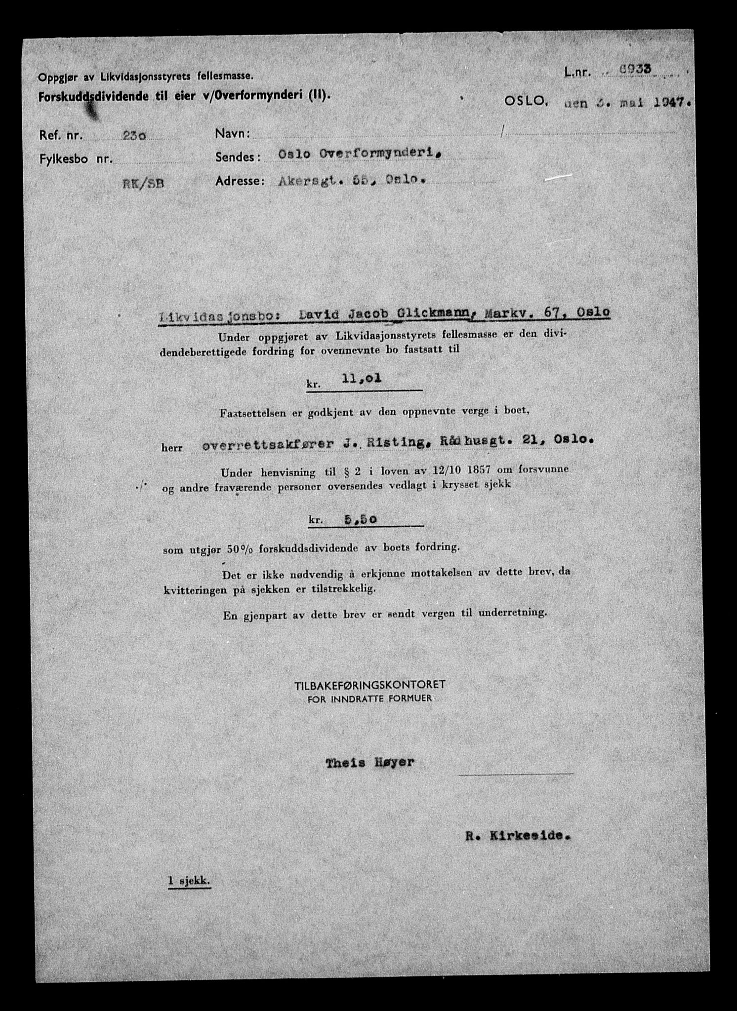 Justisdepartementet, Tilbakeføringskontoret for inndratte formuer, AV/RA-S-1564/H/Hc/Hcc/L0938: --, 1945-1947, p. 67