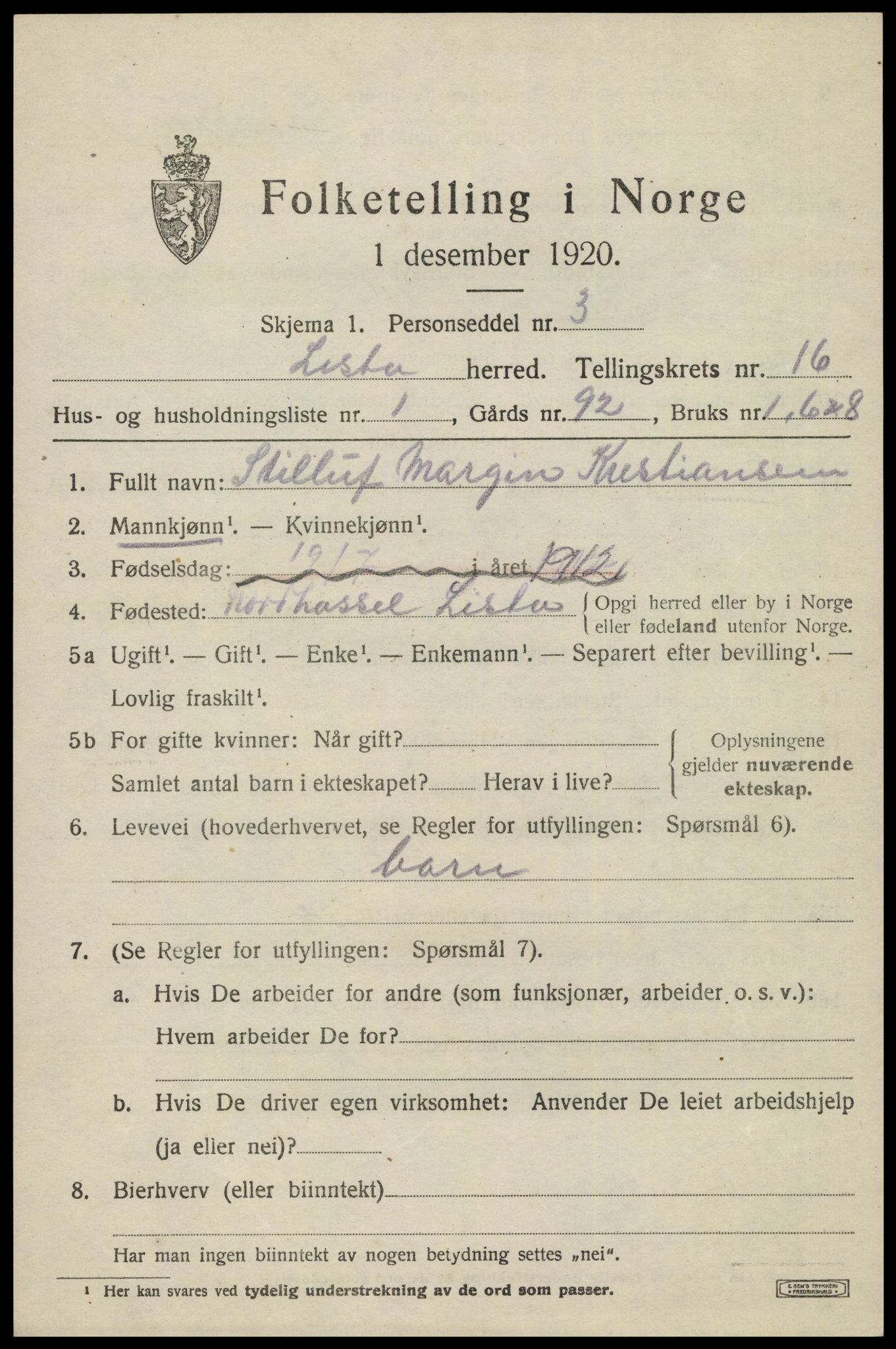 SAK, 1920 census for Lista, 1920, p. 12933