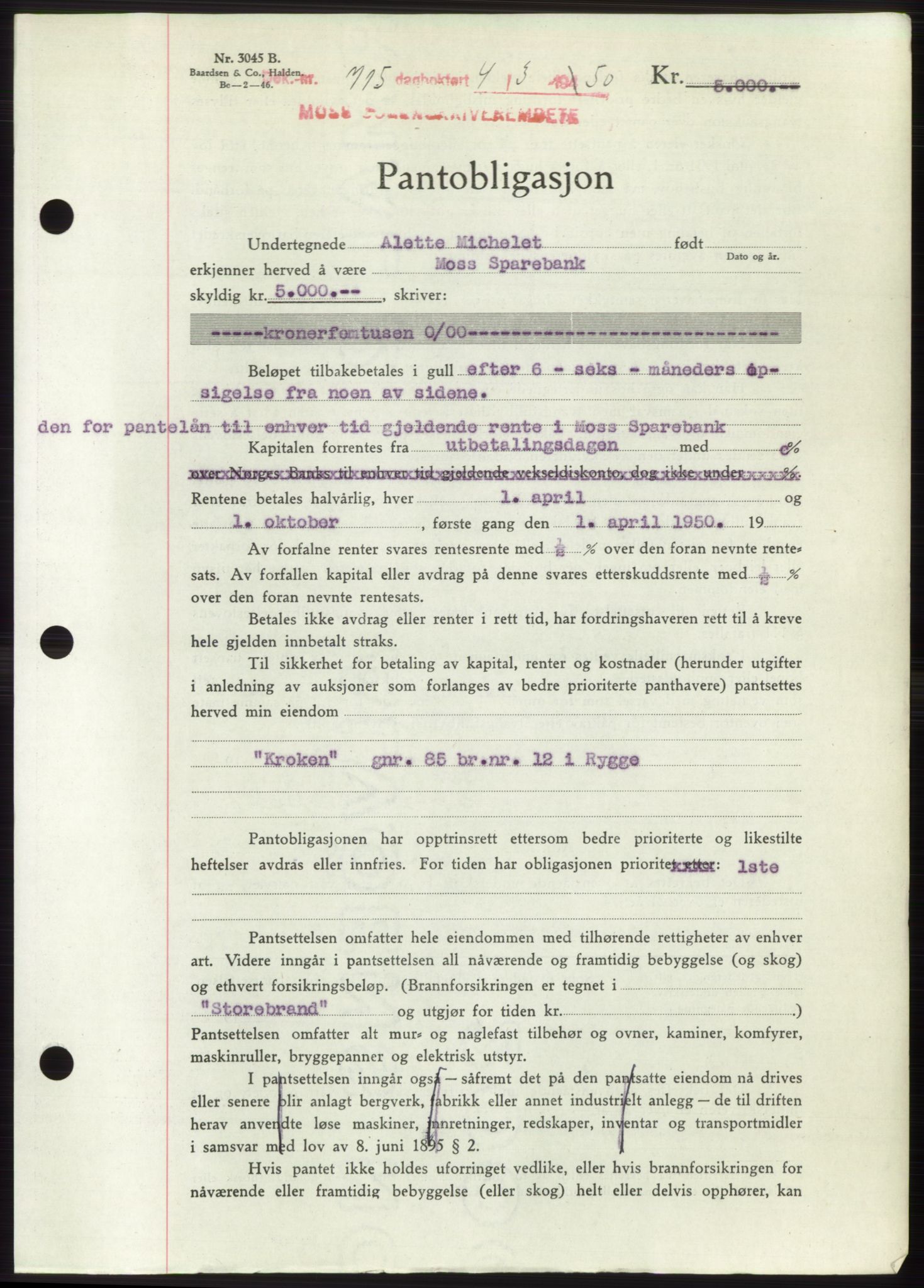 Moss sorenskriveri, SAO/A-10168: Mortgage book no. B23, 1949-1950, Diary no: : 715/1950